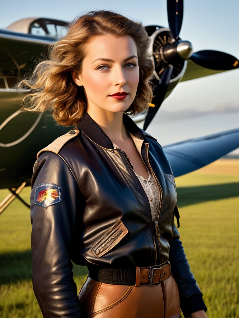 Masterpiece, Imagine Maude Adams in 1932, a 32 years old American woman, standing confidently beside her Lockheed Vega aircraft on the brink of her historic solo transatlantic flight. She's dressed in her iconic pilot attire: a leather flight jacket, breeches, and tall lace-up boots, embodying the spirit of adventure. Her gaze is fixed on the horizon, a symbol of her determination and pioneering spirit. The Vega, a symbol of technological achievement of the era, gleams under the early morning sun, poised on a grassy airfield. This moment captures the anticipation and courage of a trailblazer about to etch her name into the annals of aviation history, 16K, ultra high res.photorealistic, UHD, RAW