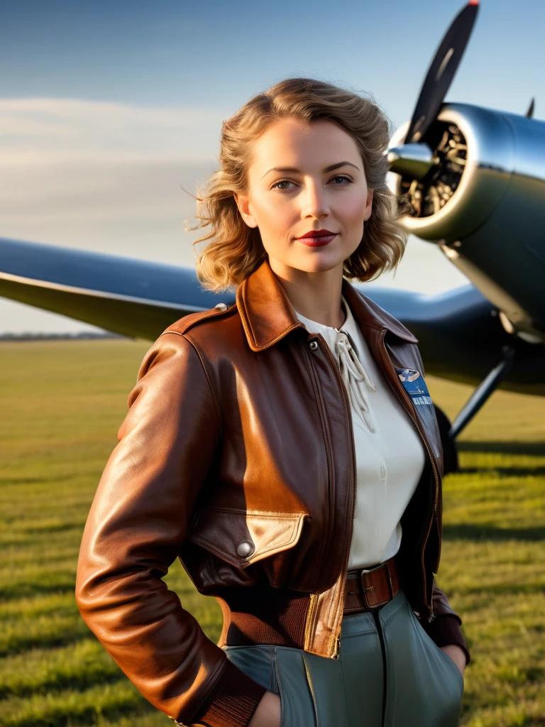 Masterpiece, Imagine Maude Adams in 1932, a 32 years old American woman, standing confidently beside her Lockheed Vega aircraft on the brink of her historic solo transatlantic flight. She's dressed in her iconic pilot attire: a leather flight jacket, breeches, and tall lace-up boots, embodying the spirit of adventure. Her gaze is fixed on the horizon, a symbol of her determination and pioneering spirit. The Vega, a symbol of technological achievement of the era, gleams under the early morning sun, poised on a grassy airfield. This moment captures the anticipation and courage of a trailblazer about to etch her name into the annals of aviation history, 16K, ultra high res.photorealistic, UHD, RAW