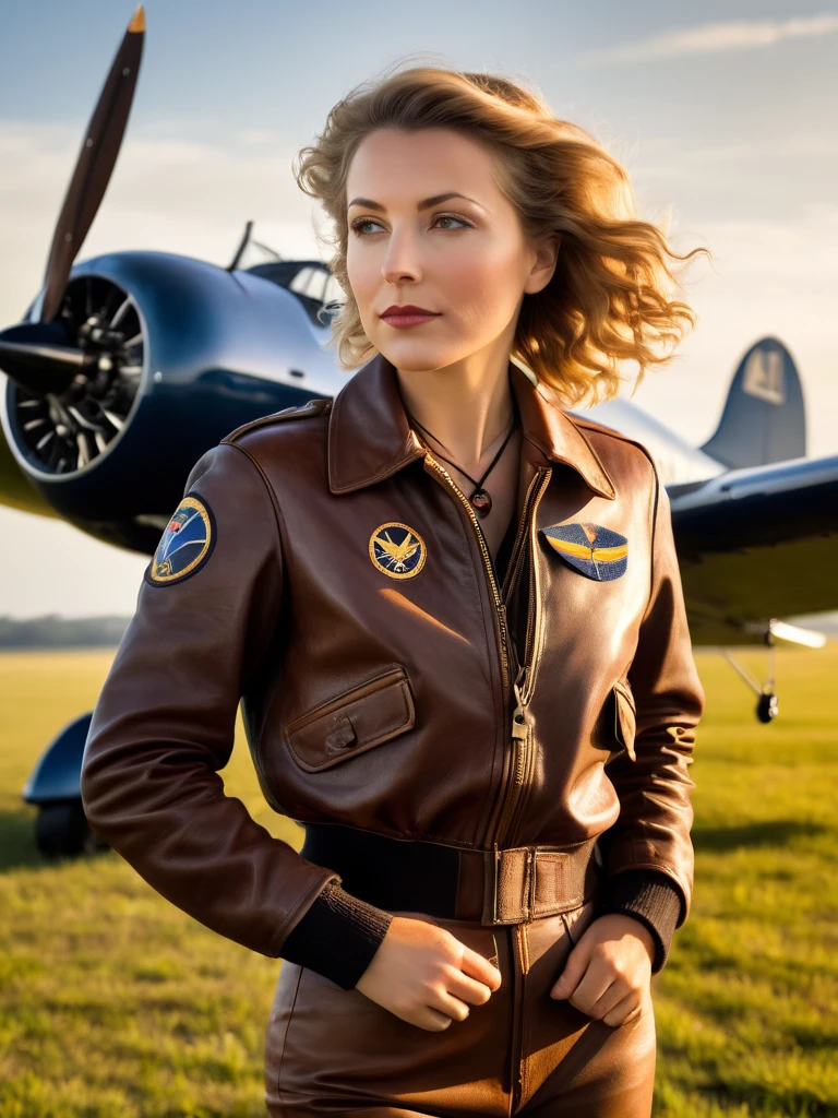 Masterpiece, Imagine Maude Adams in 1932, a 32 years old American woman, standing confidently beside her Lockheed Vega aircraft on the brink of her historic solo transatlantic flight. She's dressed in her iconic pilot attire: a leather flight jacket, breeches, and tall lace-up boots, embodying the spirit of adventure. Her gaze is fixed on the horizon, a symbol of her determination and pioneering spirit. The Vega, a symbol of technological achievement of the era, gleams under the early morning sun, poised on a grassy airfield. This moment captures the anticipation and courage of a trailblazer about to etch her name into the annals of aviation history, 16K, ultra high res.photorealistic, UHD, RAW