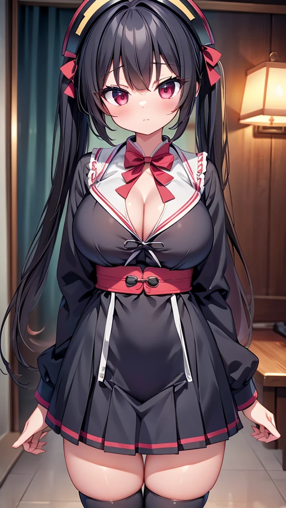 highest quality,wonderful,finely,extremely detailed CG Unity 8K wallpaper, (1 girl, black hair,twin tails, clothed),(huge breasts:1.1),(jiangshi:1.3), (zettai ryouiki:1.4)