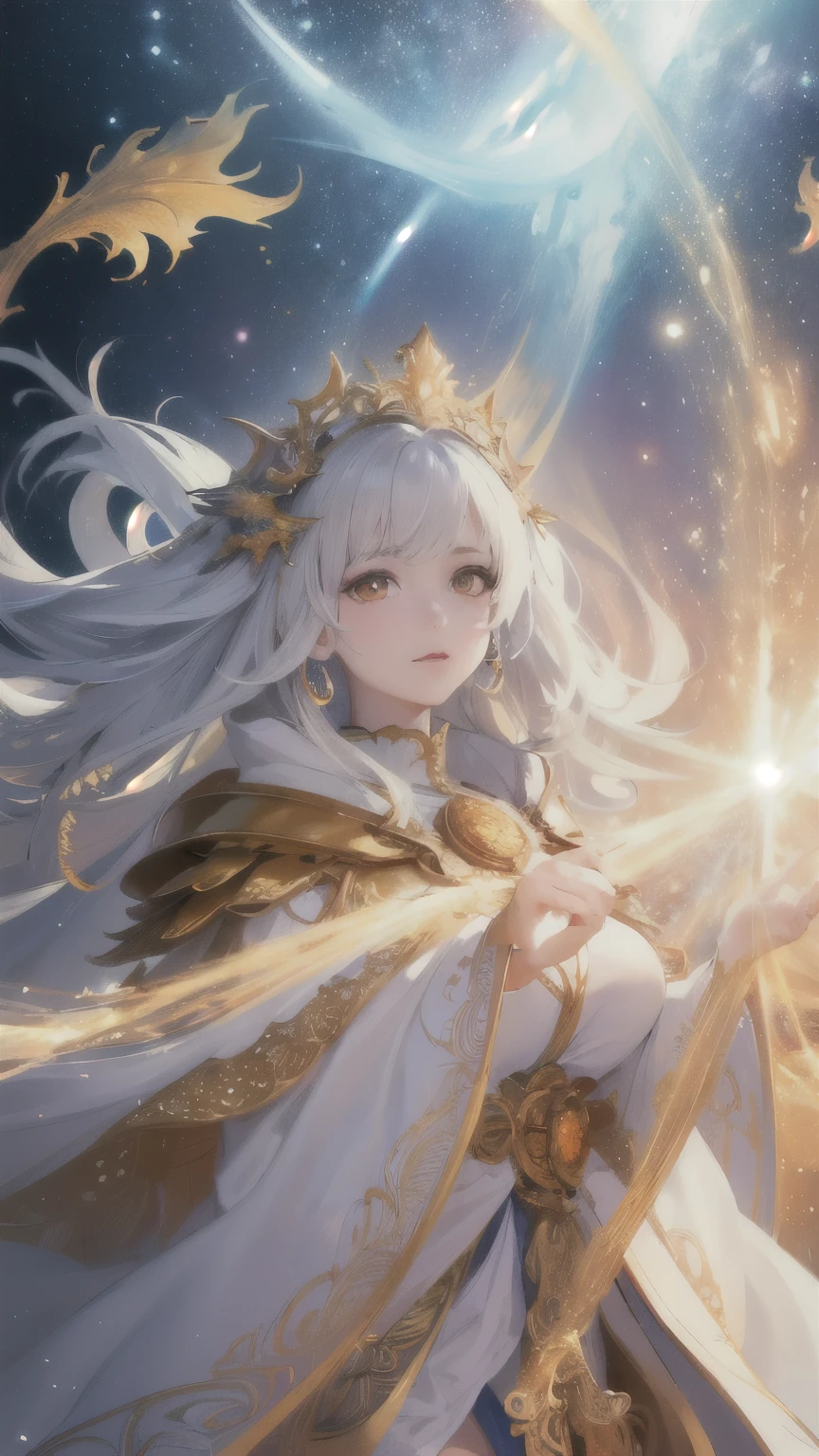 (masterpiece, highest quality, highest quality, official art, beautiful and aesthetic:1.2), (1 girl), highly detailed eyes, (fractal art:1.3), colorful, most detailed, (perfect face), shiny skin, HDR, (Golden lines in a white cloak:1.2), Milky Way, (stripes of light), impressive visuals, (dynamic streak, path of light:1.2), Bright colors, (phoenix), (dragon)