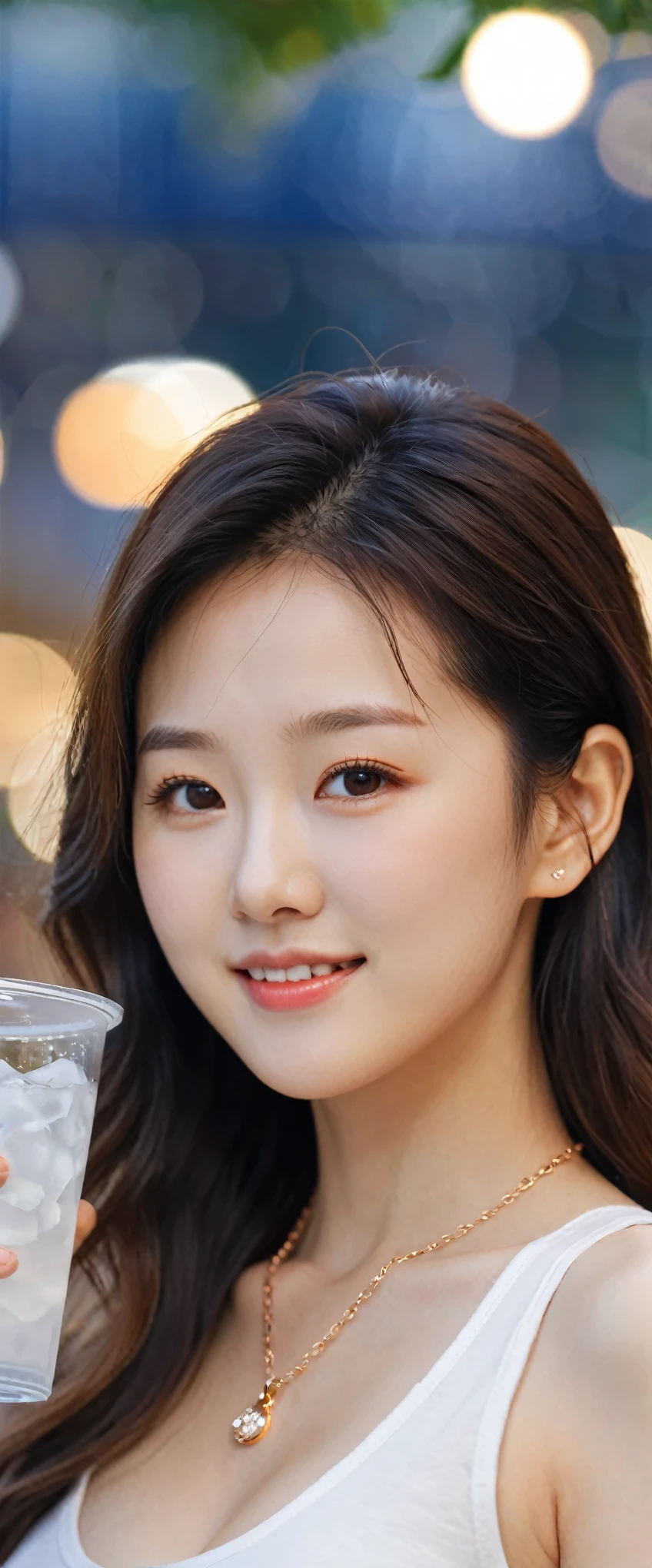 close-up, of beautiful korean female, wearing crop top , 34 inch breast sizes, slightly smile,, wearing tank top, necklace, holding ice bucket bokeh background, UHD