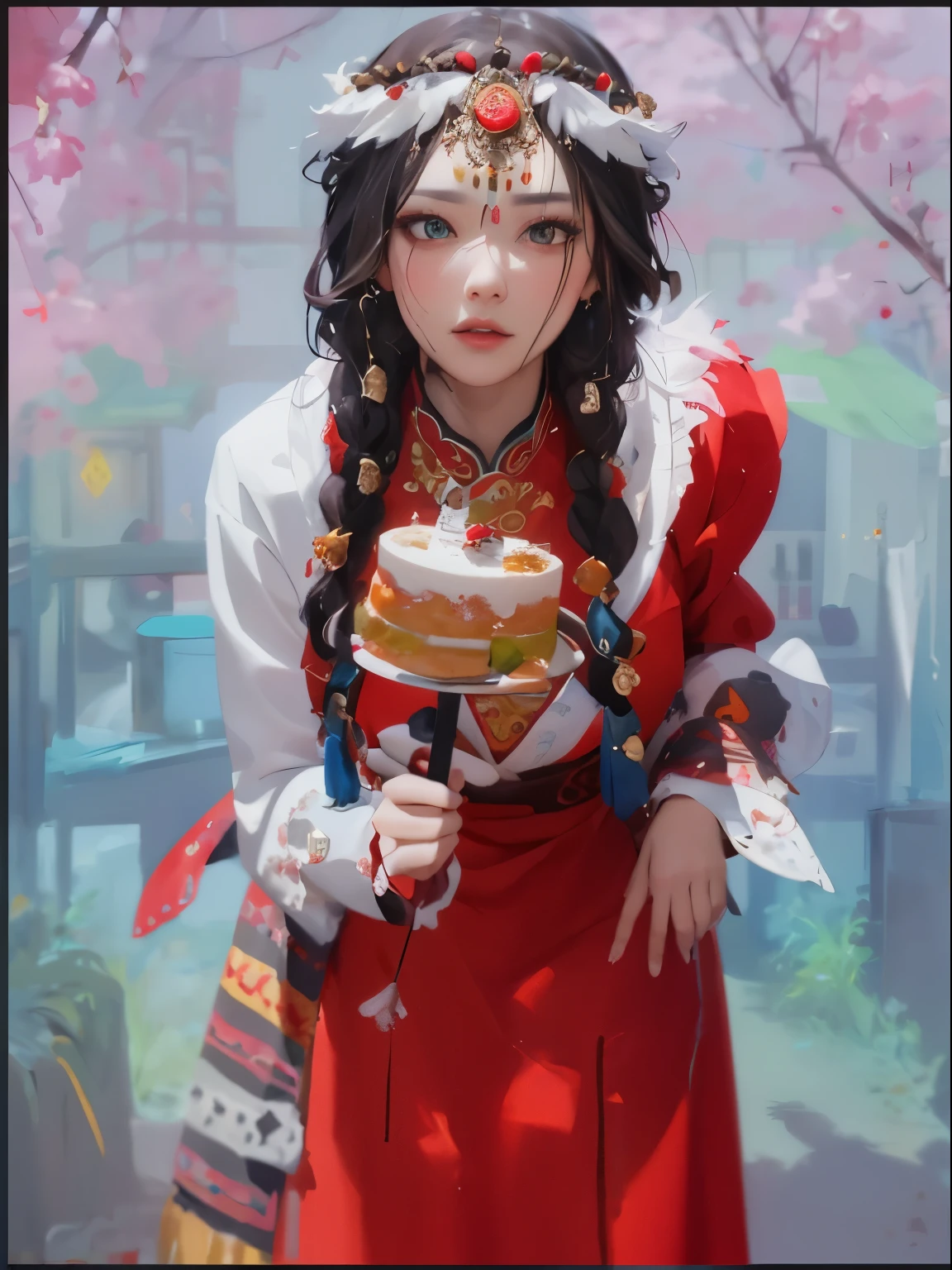 The painting shows a woman wearing a red dress、Woman holding cake, guweiz style artwork, beautiful figure painting, art station, Portrait of digital shaman, A young female shaman, detailed figures, Inspired by Lu Ji, digital concept art, digital figure painting, Portraits, Inspired by Wu Bin, author：Yang Jie, figure painting