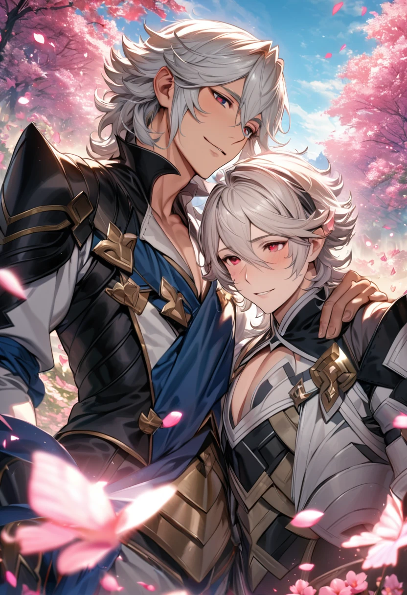 absurdres, highres, ultra detailed, HDR, master piece, best quality, Corrin, short White hair, hair between the eyes, expressive red eyes, Fire emblem fates, Niles, white hair, expressive blue dark eyes, 2men together, gay couple, extremely handsome, pink petals, pink butterflies, pink flowers, pink trees