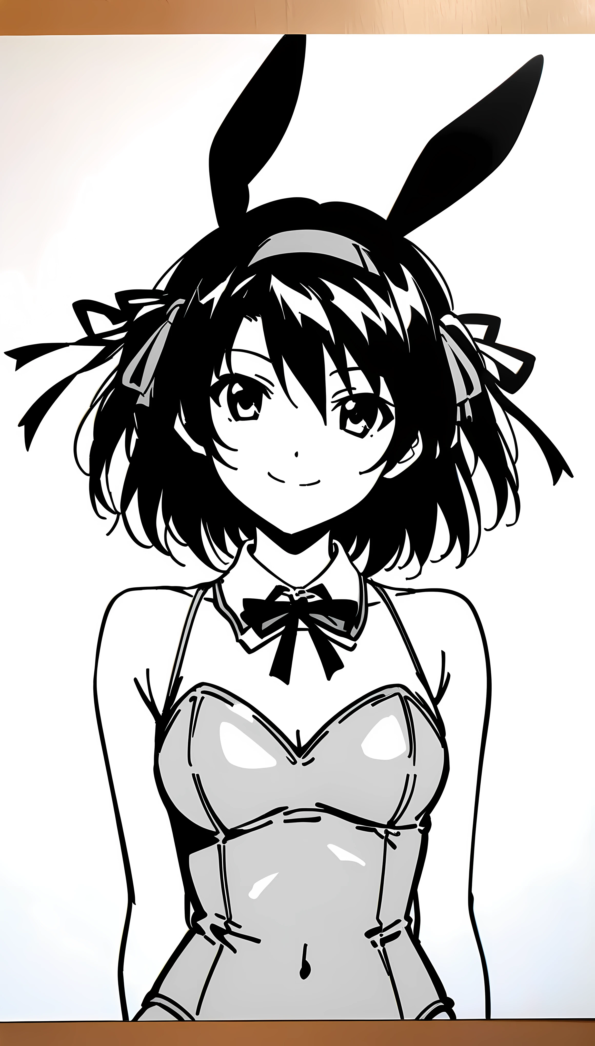 ((Masterpiece in maximum 16K resolution):1.6), ((anime line art illustration:)1.5), ((Black and white):1.4), ((minimalism):1.5), ((monochrome):1.2) | ((Haruhi Suzumiya in Bunny suit smiling:1.5), ((Haruhi Suzumiya):1.5) (Bunny suit):1.1), ((sense of magic):1.1),((perfect_composition, perfect_design, perfect_layout, perfect_detail, ultra_detailed)), ((enhance_all, fix_everything)), More Detail, Enhance.