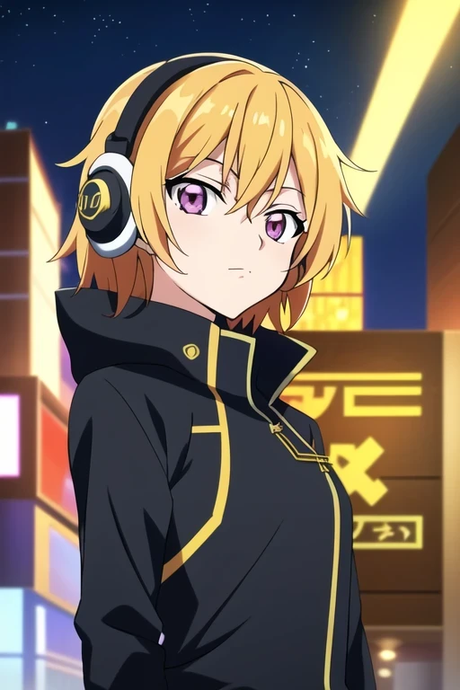 Close-up of a man with headphones and a jacket at night in the city, female anime character, anime style 4k, blonde anime girl with long hair, Nightcore, , anime best girl, Cyberpunk anime girl wearing a hoodie, High quality anime art style, girls front line style, style anime, anime character, attractive anime girl, anime girl