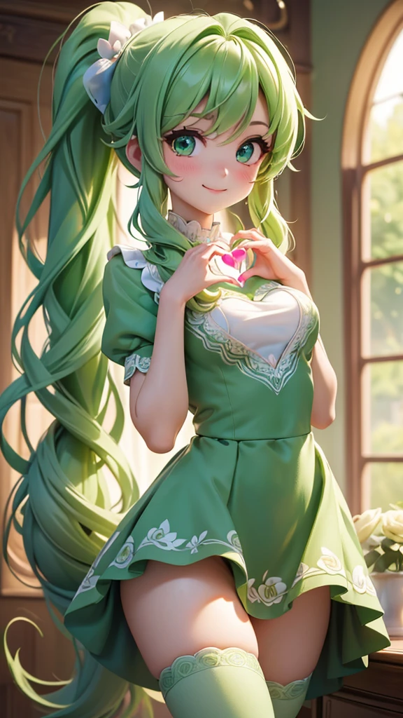 perfect anatomy, masterpiece:1.2, best quality, 8K, beautiful and delicate growth, Daydreaming expression, ((((Heart on hand)))) Close-up face (A cute girl with long green hair in a ponytail, No. 14, Love to smile), ((Super cute heart shaped eyes)), Wearing a cute green rose dress, long skirt, In the enchanted room.