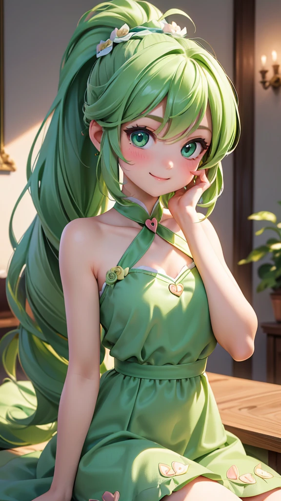 perfect anatomy, masterpiece:1.2, best quality, 8K, beautiful and delicate growth, Daydreaming expression, ((((Heart on hand)))) Close-up face (A cute girl with long green hair in a ponytail, No. 14, Love to smile), ((Super cute heart shaped eyes)), Wearing a cute green rose dress, long skirt, In the enchanted room.