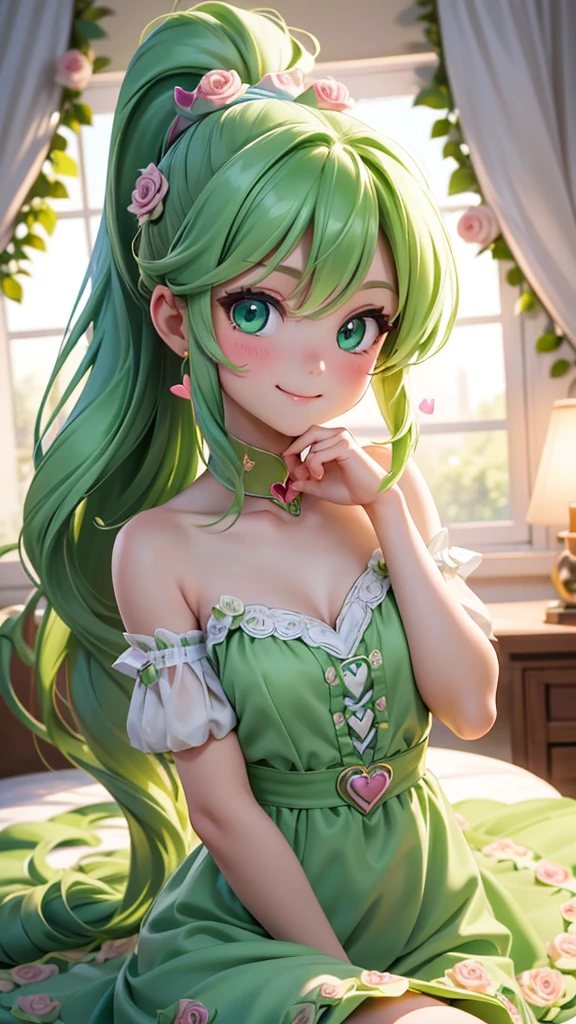 perfect anatomy, masterpiece:1.2, best quality, 8K, beautiful and delicate growth, Daydreaming expression, ((((Heart on hand)))) Close-up face (A cute girl with long green hair in a ponytail, No. 14, Love to smile), ((Super cute heart shaped eyes)), Wearing a cute green rose dress, long skirt, In the enchanted room.