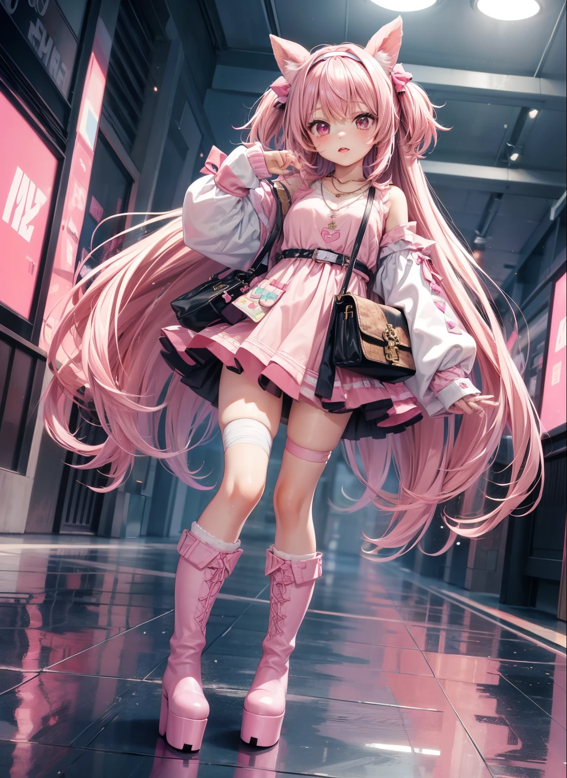 (masterpiece:1.2), (best quality:1.4), cute quality, cowboy shot, reflection, nice environment, full body, yami kawaii, (cute pink boots), platform footwear, anime background, (cute pink boots), decora, cute fashion, sleeves past fingers, sleeves past wrists, hair ornaments, multiple hair bows, hairband, bandages, sticker on face, absurdly long hair, bandaged leg, necklace,  leg warmers, pink bag, girly fashion, popcore, kidcore,