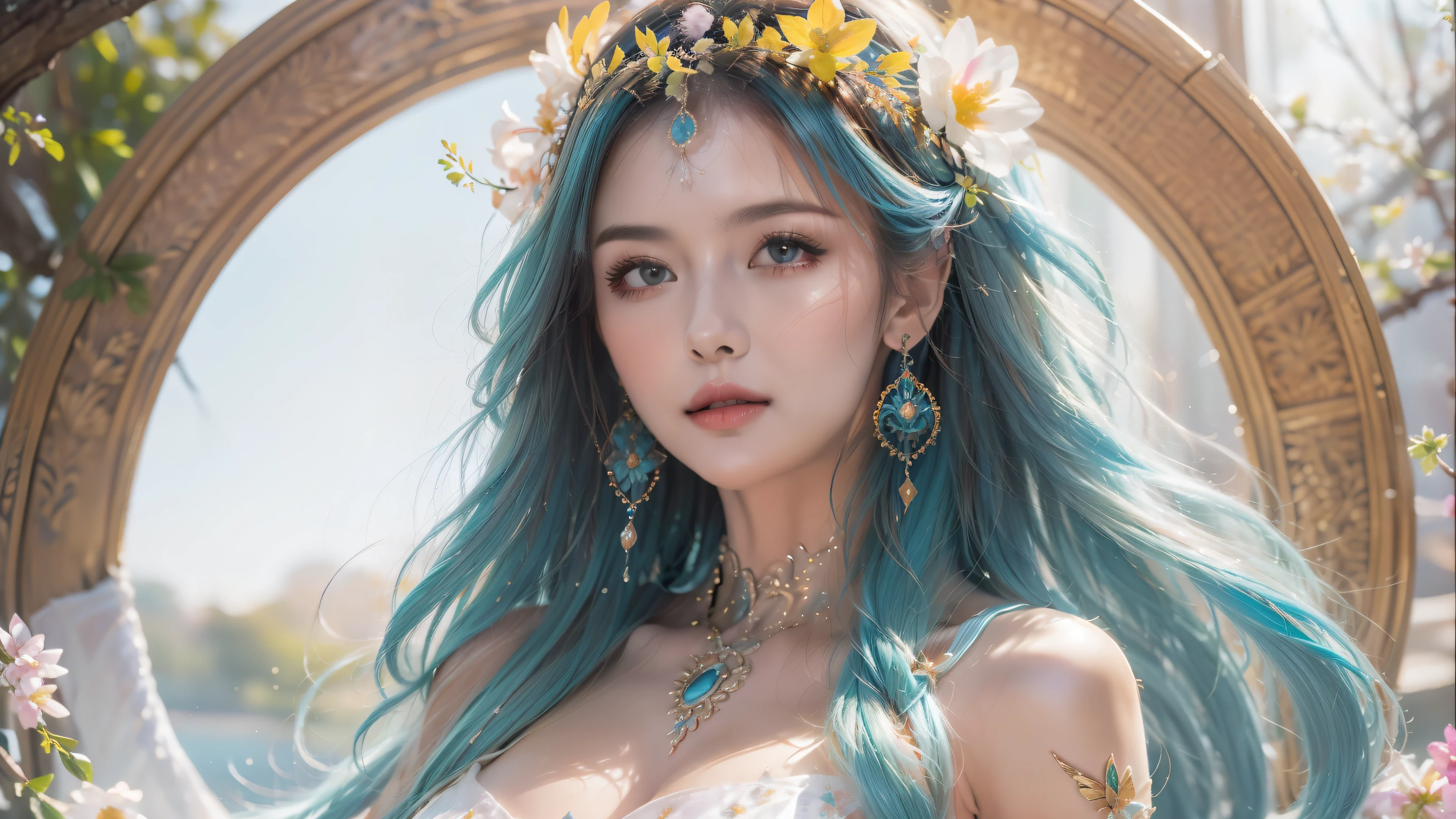 (best quality),(masterpiece:1.2), (rich and colorful:0.9), (Splash ink),(splash of color),((watercolor)), Clear and sharp focus, model shoot,, (Spring Goddess Portrait:1.5), Cute expression,Elegant blue hair, Beautiful and detailed face and eyes, Elegant goddess clothing, Spring forest background,, colored water  