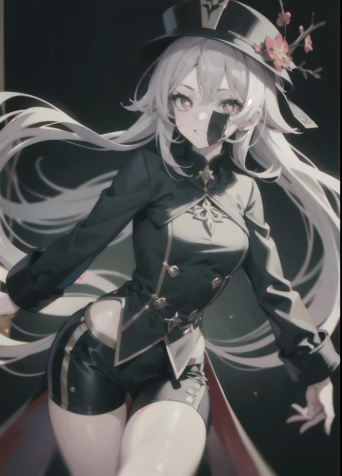 1 girl, (alone:1.2), ((masterpiece)), [slim], (small breasts), pale skin, ((fine eyes)), (background blur), gray hair, have, shorts, dark brown clothes, evil, smile mischievously, red eyes, evil grin, dark theme, evil theme