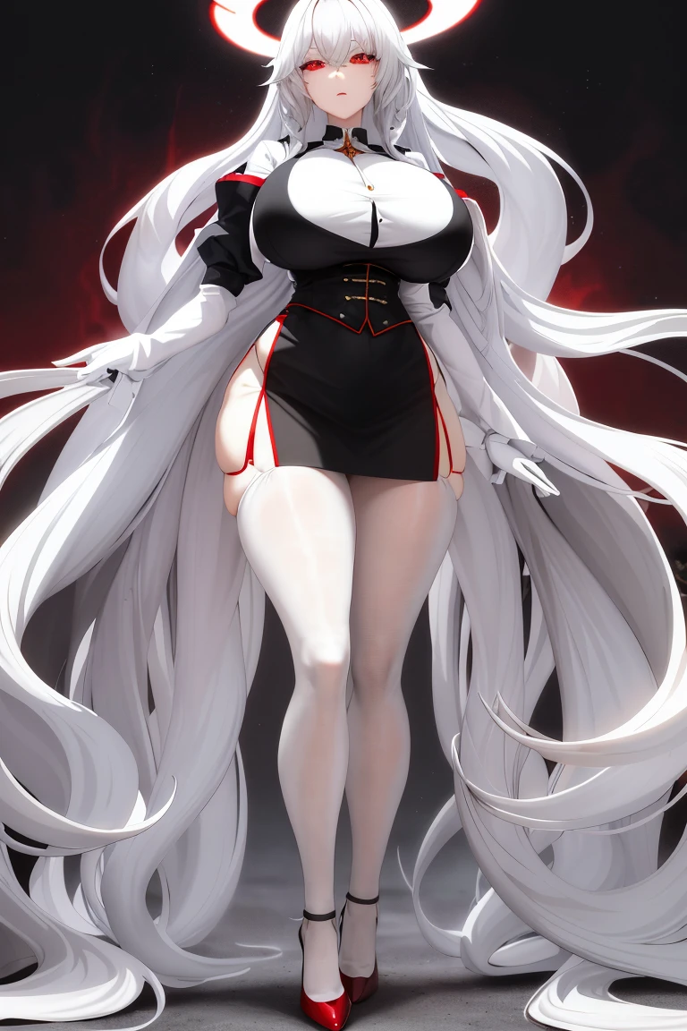 a woman，long white hair，Red eyes，long legs，Extra short slit skirt，Nipple protrusion，black stockings，，Twenties，White shirt，exposed，black high heels，huge breasts，超级huge breasts，Standing with legs apart