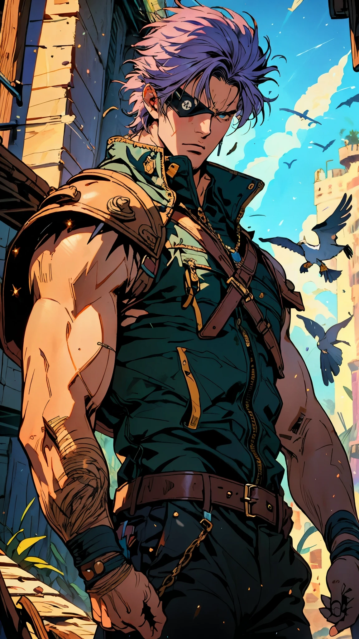 A man with medium-length fluffy lavender-blue hair parted in the middle, his upper face obscured by bandage eye patch, gazes intensely with deep-set eyes, a square face, a wild expression, a sturdy physique, clad in a fantasy-style wild sleeveless coat with leather light armor, a gemstone belt cinches his waist, he wears wrist guards, cargo pants, one hand on his hip gripping the belt, the backdrop of a desolate island where countless black birds soar, this character embodies a finely crafted fantasy pirate-style overlord in anime style, exquisite and mature manga art style, high definition, best quality, highres, ultra-detailed, ultra-fine painting, extremely delicate, professional, perfect body proportions, golden ratio, anatomically correct, symmetrical face, extremely detailed eyes and face, high quality eyes, creativity, RAW photo, UHD, 32k, Natural light, cinematic lighting, masterpiece-anatomy-perfect, masterpiece:1.5