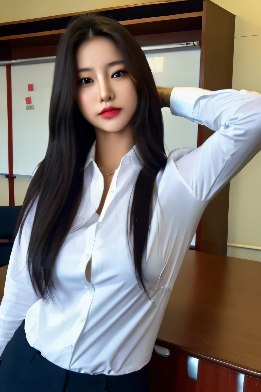 A woman wearing a white shirt and a black suit stands behind a desk in the classroom, leaning forward with her hands on the desk. She has a seductive look on her face, her mouth slightly open, and a seductive look in her eyes.