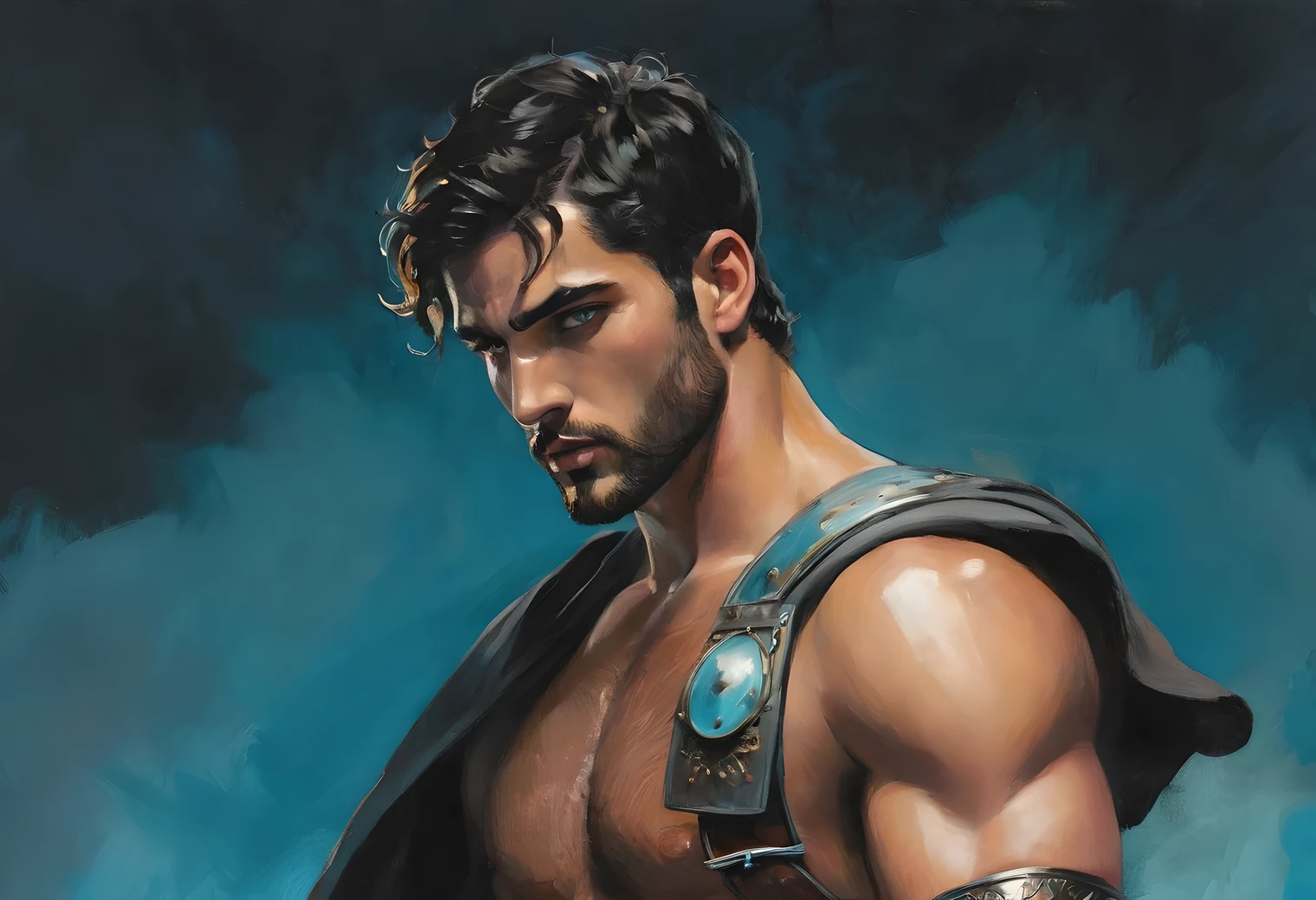 chiaroscuro technique on sensual illustration of an masculine, 26-year-old Italian male model, handsome Roman, he is the god of war, he is Ares, Mars, evil-looking, strong look, light blue eyes, strong jawline, dressed as a gladiator, ancient gladiator, male gladiator skirt, matte painting, by Harumi Hironaka, extremely soft colors, vibrant, pastel, highly detailed, digital artwork, high contrast, golden dramatic, refined, tonal, an intimate, seductive studio setting with a focus on sensuality and romance. Utilize soft, warm lighting that bathes the space in a gentle, inviting glow. Incorporate luxurious fabrics, plush furnishings, and a touch of decadence to evoke an opulent ambiance. The scene should exude an air of serenity and anticipation, inviting the viewer into a sensual and romantic space