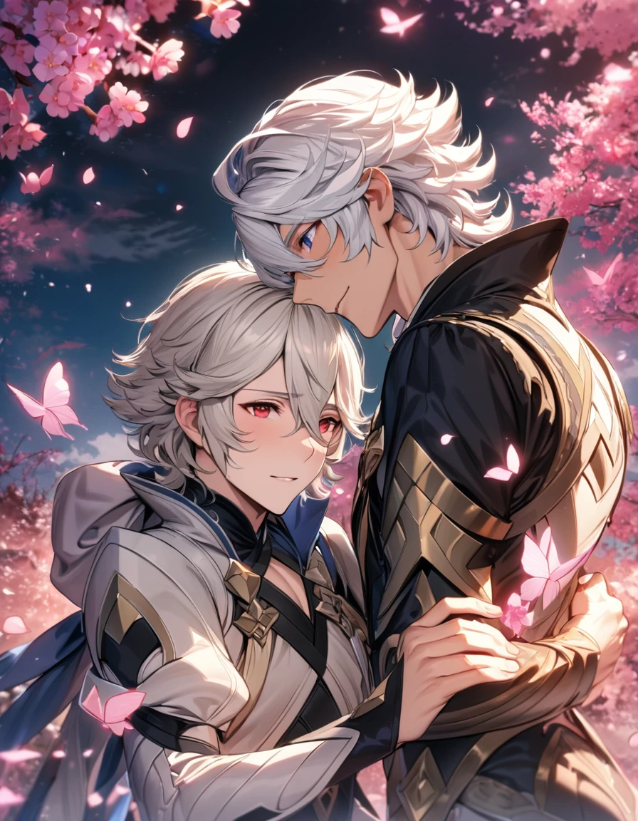 absurdres, highres, ultra detailed, HDR, master piece, best quality, Corrin, short White hair, hair between the eyes, expressive red eyes, Fire emblem fates, Niles, white hair, expressive blue dark eyes, 2men together, gay couple, extremely handsome, pink petals, pink butterflies, pink flowers, pink trees