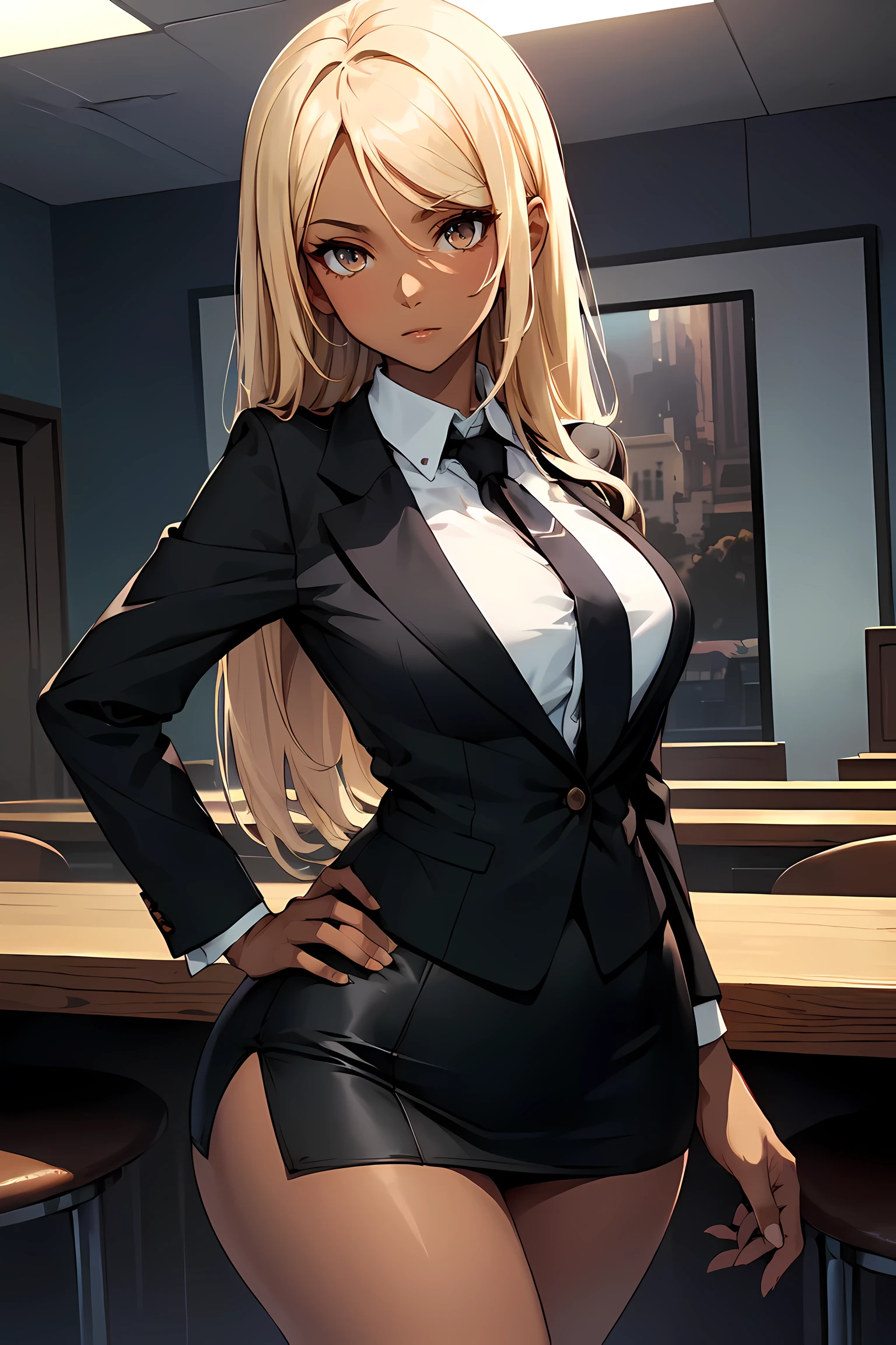 (masterpiece, extremely detailed, best quality, (perfect beautiful face:1.2), high resolution), (gorgeus gal, gyaru, brown eyes, (long pale blonde hair:1.2), narrow waist, big round butt, shaply thights, (tanned skin:1.3), (dark skin:1.4), wide hips), (wearing black business outfit, formal blazer, white blouse, red tie, high waist black business skirt, short miniskirt), standing, full shot, beautiful detailed eyes, mature lady, perfect body, (looking at viewer, facing viewer), sexy pose, (solo:1.4), (cinematic lighting, CG, 4k, sharp),