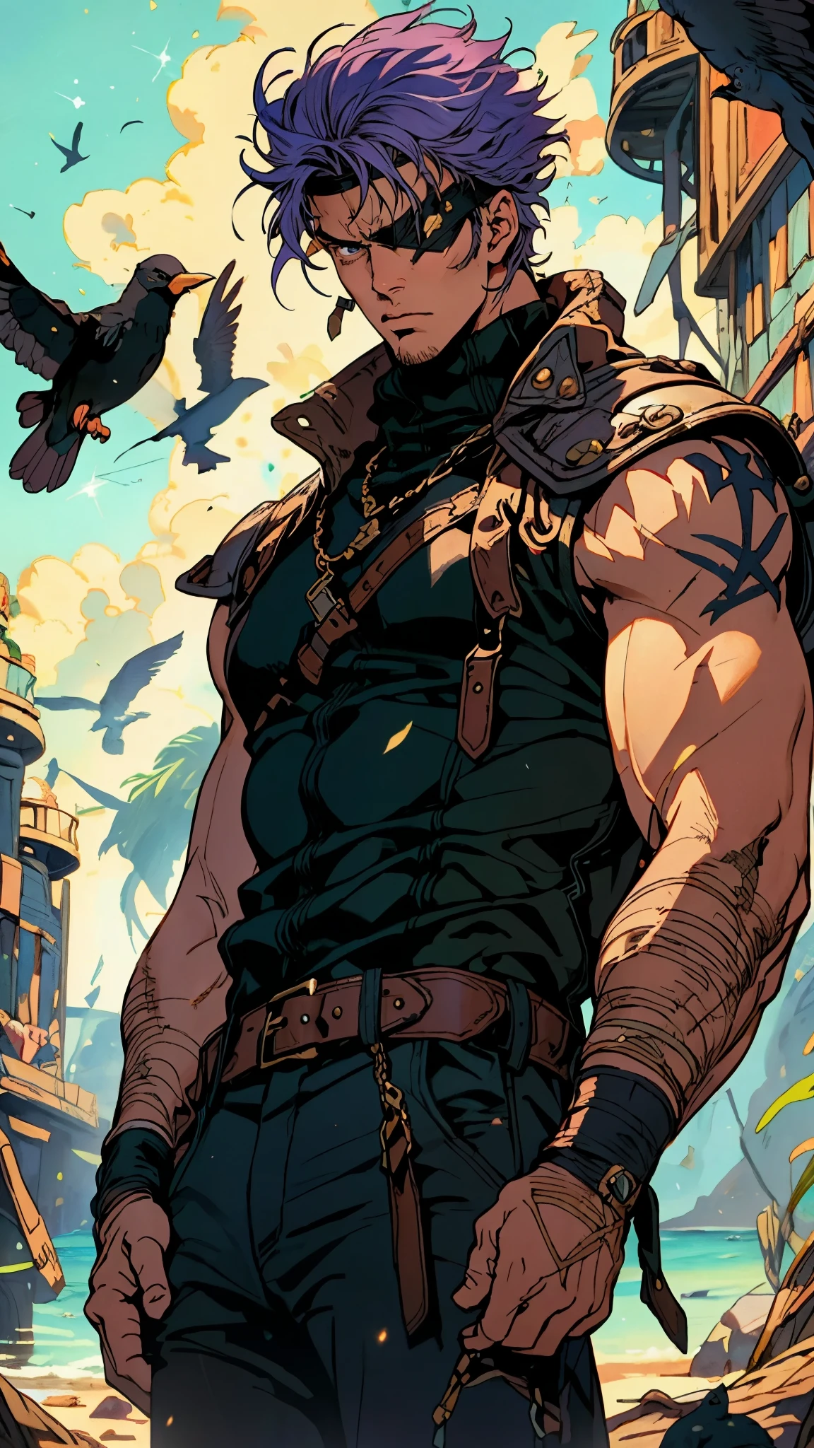 A man with medium-length fluffy lavender-blue hair parted in the middle, his upper face obscured by bandage eye patch, gazes intensely with deep-set eyes, a square face, a wild expression, a sturdy physique, clad in a fantasy-style wild sleeveless coat with leather light armor, a gemstone belt cinches his waist, he wears wrist guards, cargo pants, one hand on his hip gripping the belt, the backdrop of a desolate island where countless black birds soar, this character embodies a finely crafted fantasy pirate-style overlord in anime style, exquisite and mature manga art style, high definition, best quality, highres, ultra-detailed, ultra-fine painting, extremely delicate, professional, perfect body proportions, golden ratio, anatomically correct, symmetrical face, extremely detailed eyes and face, high quality eyes, creativity, RAW photo, UHD, 32k, Natural light, cinematic lighting, masterpiece-anatomy-perfect, masterpiece:1.5