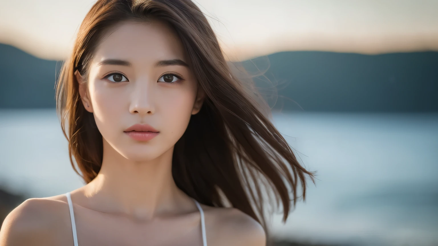 ((highest quality, 8K, masterpiece: 1.3)), clear focus: 1.2, 1 girl, perfect figure: 1.4, slim abs: 1.1, ((dark brown hair)), bikini, (outdoor, noon: 1.1), Blurred coast background, super fine face, fine eyes, double eyelid