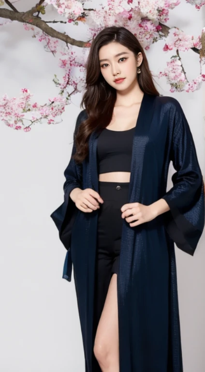 Cherry tree、Colorful kimono、open chest、I'm not wearing anything inside、full body shot、NiziUAYAKA、 4K、1people's women、slender、 Loose wavy styling 、seductive and attractive、Including face and skin texture.,detailed eyes、A soothing expression with a smile