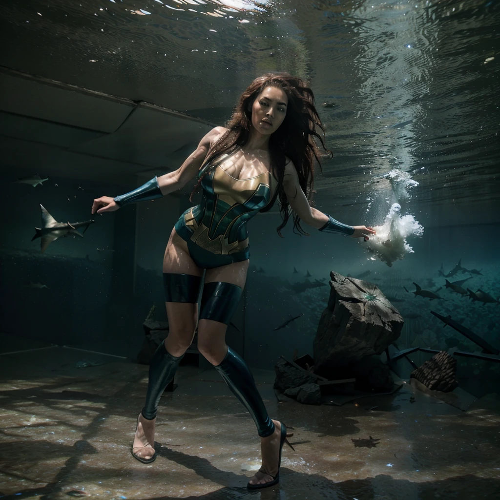 Aquaman's sister, dressed in a similar costume, is training a pack of sharks deep underwater