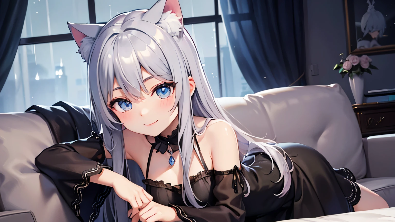 sexy, woman, camisole, smile, bright, cat ears, gray hair, eyes, anime,