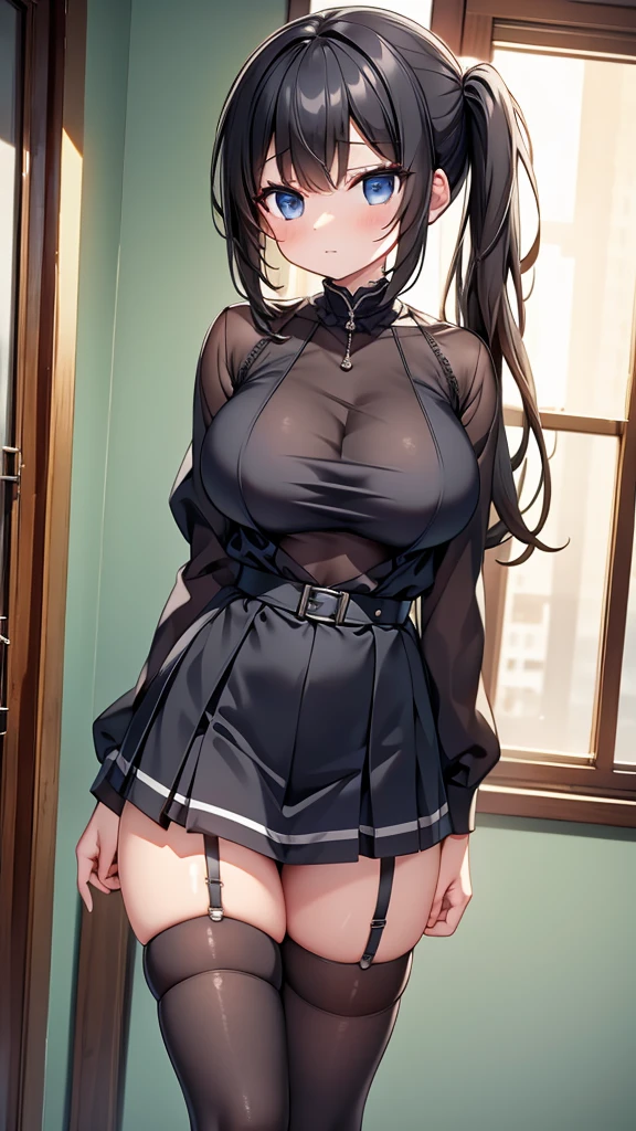 highest quality,wonderful,finely,extremely detailed CG Unity 8K wallpaper, (1 girl, black hair, side ponytail, clothed),(huge breasts:1.1),(sheer mesh tops:1.3), (zettai ryouiki:1.4)