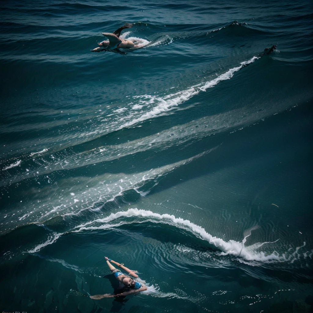 Aquaman's sister, dressed in a similar costume, is training a pack of sharks deep underwater. (best quality,4k,8k,highres,masterpiece:1.2),ultra-detailed,(realistic,photorealistic,photo-realistic:1.37), HDR, UHD, professional, vivid colors, bokeh, underwater scene, portrait, action shot, dynamic lighting, vibrant coral reef, crystal clear seawater, powerful water currents, magnificent scale of sharks, detailed shark fins, shimmering reflections, graceful swimming movements, intense interaction between Aquaman's sister and the sharks, Atlantean armor, mystical trident, intricate costume details, focused expression, determined face, fierce eye contact, breathtaking aquatic world, depths of the ocean, mystical aura, awe-inspiring power, majestic presence, oceanic harmony.