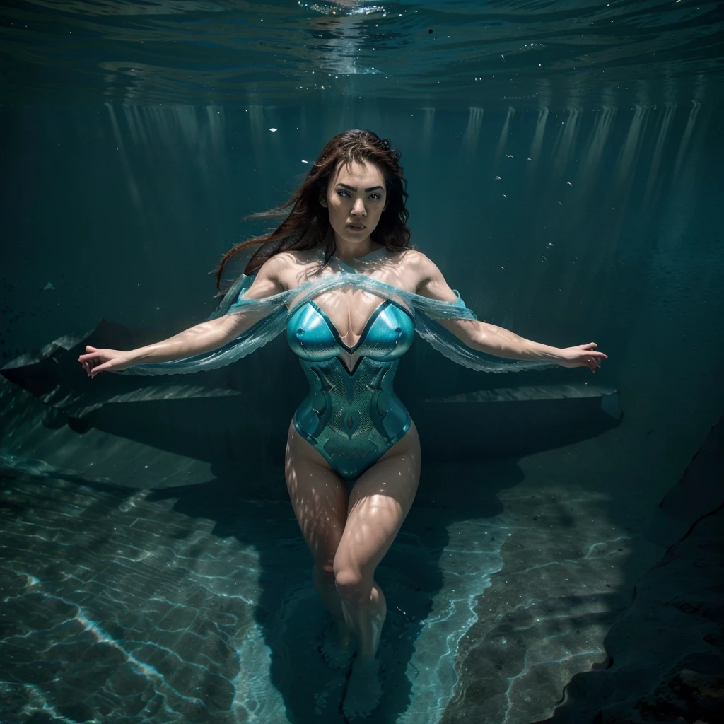 Aquaman's sister, dressed in a similar costume, is training a pack of sharks deep underwater. (best quality,4k,8k,highres,masterpiece:1.2),ultra-detailed,(realistic,photorealistic,photo-realistic:1.37), HDR, UHD, professional, vivid colors, bokeh, underwater scene, portrait, action shot, dynamic lighting, vibrant coral reef, crystal clear seawater, powerful water currents, magnificent scale of sharks, detailed shark fins, shimmering reflections, graceful swimming movements, intense interaction between Aquaman's sister and the sharks, Atlantean armor, mystical trident, intricate costume details, focused expression, determined face, fierce eye contact, breathtaking aquatic world, depths of the ocean, mystical aura, awe-inspiring power, majestic presence, oceanic harmony.