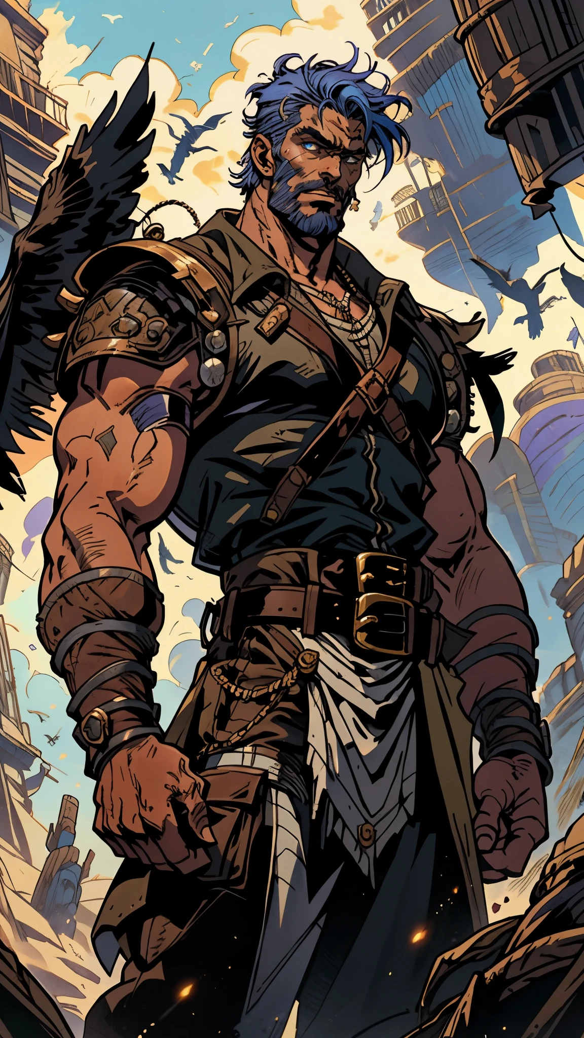 A man with medium-length fluffy lavender-blue hair parted in the middle, his upper face obscured by bandage eye patch, gazes intensely with deep-set eyes, a square face, a wild expression, a sturdy physique, clad in a fantasy-style wild sleeveless coat with leather light armor, a gemstone belt cinches his waist, he wears wrist guards, cargo pants, one hand on his hip gripping the belt, the backdrop of a desolate island where countless black birds soar, this character embodies a finely crafted fantasy pirate-style overlord in anime style, exquisite and mature manga art style, high definition, best quality, highres, ultra-detailed, ultra-fine painting, extremely delicate, professional, perfect body proportions, golden ratio, anatomically correct, symmetrical face, extremely detailed eyes and face, high quality eyes, creativity, RAW photo, UHD, 32k, Natural light, cinematic lighting, masterpiece-anatomy-perfect, masterpiece:1.5