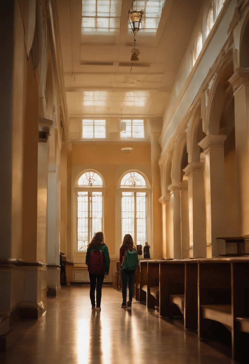 A young high school girl watching a young high school boy from a distance,school hall