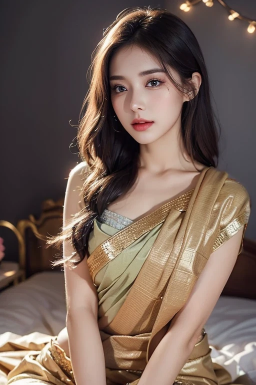 Sexy woman, black hair tied in a bun, smokey eyes, eyeliner, blushing intensely, fairest skin, plump face, soft lips, gold blouse, white saree with gold borders, pinned against a wall