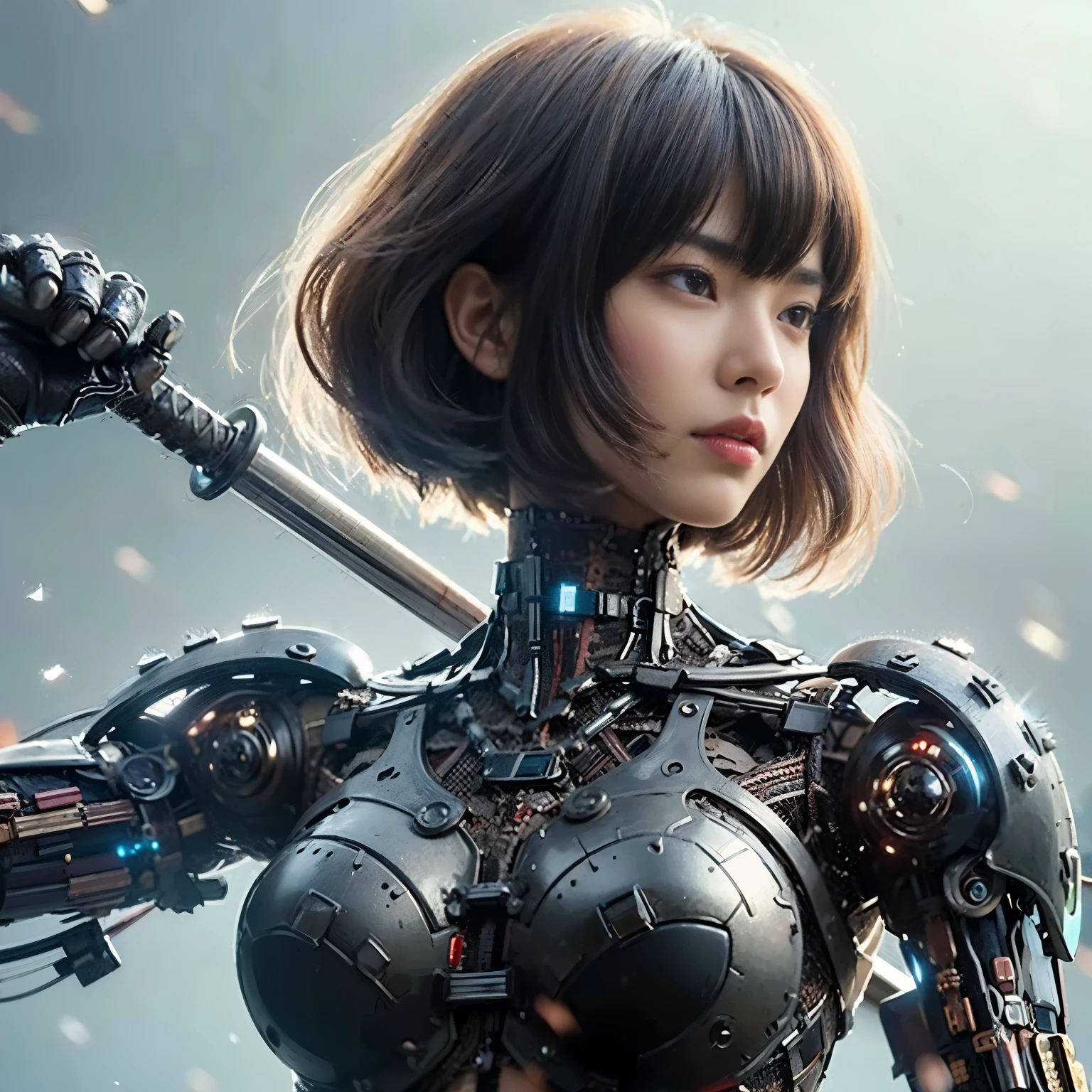 (best quality,highres,masterpiece:1.2),ultra-detailed,realistic,photorealistic:1.37,Japanese samurai,armored warrior,black hair,bowl cut,dynamic pose,traditional attire,heavy armor,sharp katana,fierce expression,vivid colors,strong shadows,studio lighting,fine details,authentic texture,Japan influence,serious gaze,warrior spirit,ornate armor,meticulous craftsmanship,noble stance,stoic face,martial arts expertise,ancient warrior,stoic demeanor,menacing presence,battle scene,vibrant red accents,dramatic composition,contrasting colors,graceful movement,majestic atmosphere,impressive background,glowing sunset,serene landscape.