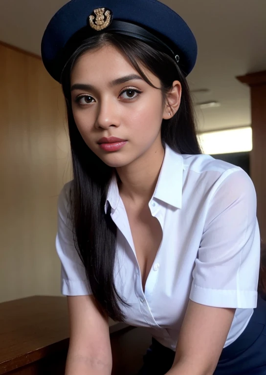 Photo of 22 year old cute indian lady,airport lounge area, ((wearing blue airhostess uniform, white shirt, blue airhostess cap, perfect makeup )). Dress modestly, RAW, beautiful woman, (black blond hair with extra long wavy), amzing hair ,yellow-green eyes, ((portrait)), (Detailed face: 1.2)), (Detailed facial features)), (Fine skin), pale skin, normal lips colour, perfect face, beautiful face, high detail, slim body, (cold color), wet, moist, reflection, (masterpiece) ( Perfect proportions) (realistic photos) (highest quality) (detail) shot with Canon EOS R5, 50mm lens, f/2.8, HDR, (8k) (wallpaper) (movie lighting) (dramatic lighting) (sharp focus) (complex) fashion, full body shot.