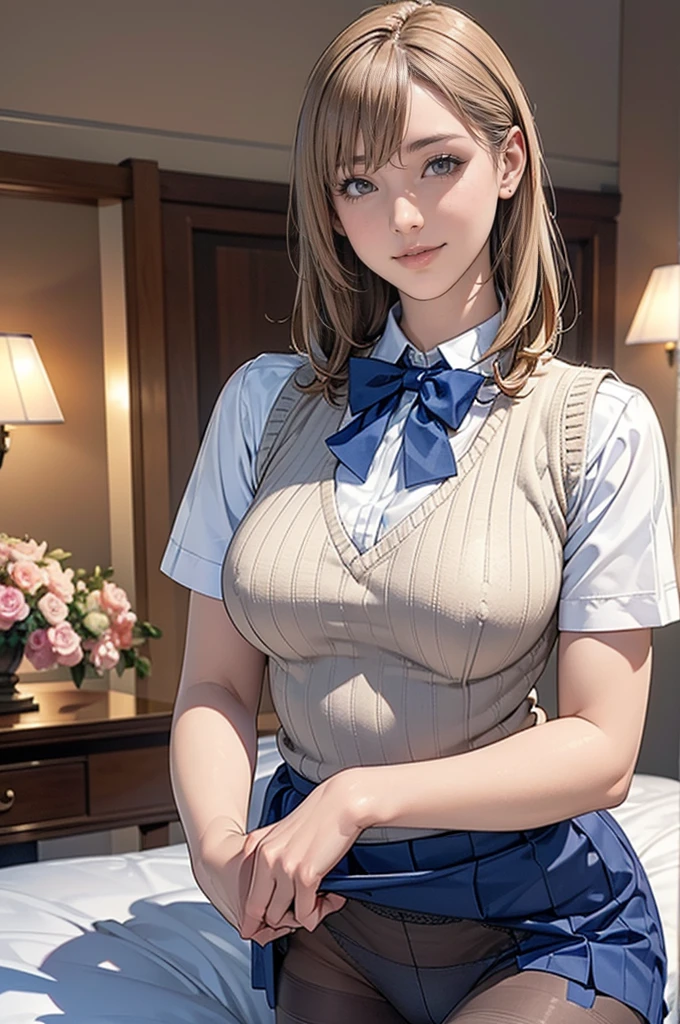 (masterpiece:1.2, highest quality), (realistic, photorealistic:1.4), beautiful illustrations, (natural side lighting, movie lighting), Depth of written boundary, Beautiful thighs looking at the viewer, (face focus, Upper body), Front view, 1 girl, English, high school girl, 15 years old, perfect face, Cute symmetrical face, shiny skin, Random Uniform、
(random hairstyles、blonde), Big eyes, long eyelashes chest), thin, tall、
beautiful hair, beautiful face, fine and beautiful eyes, beautiful clavicle, beautiful body, beautiful breasts, beautiful thighs, beautiful feet, beautiful fingers, 
((fine fabric texture, Brown knitted vest, short sleeve white collar shirt, navy pleated skirt, Navy bow tie)), 
(beautiful scenery), evening, (Inside the flower shop), Are standing, (smile, Upper grade, open your mouth),  (((skirt lift, Panties and pantyhose are visible)))