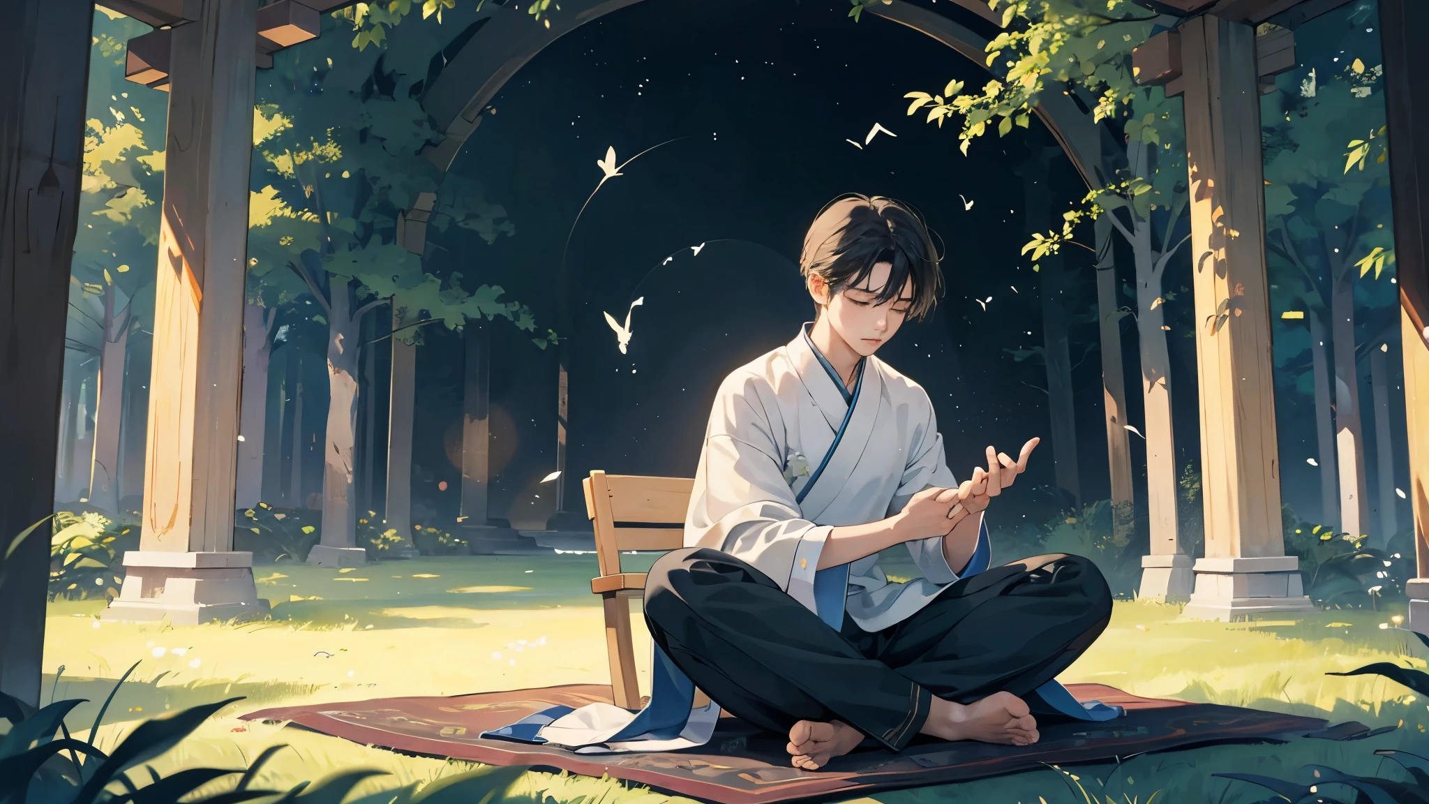 A person sitting in a silent forest、It creates the perfect atmosphere for healing music and meditation videos.。He closed his eyes、I am in deep meditation。A gentle light shines around、wood々The light leaking through the gaps gently illuminates him.。

Around that person、The sounds of nature and soothing music are playing quietly.。The breeze is blowing、While I can hear the birds chirping、He relaxes his mind and body、I feel a quiet peace。His expression was calm and、It exudes inner peace.。

This image is、It has an ideal atmosphere as a background for healing music or meditation videos.、The audience relaxes、We provide the perfect environment for you to focus on your inner self.。
