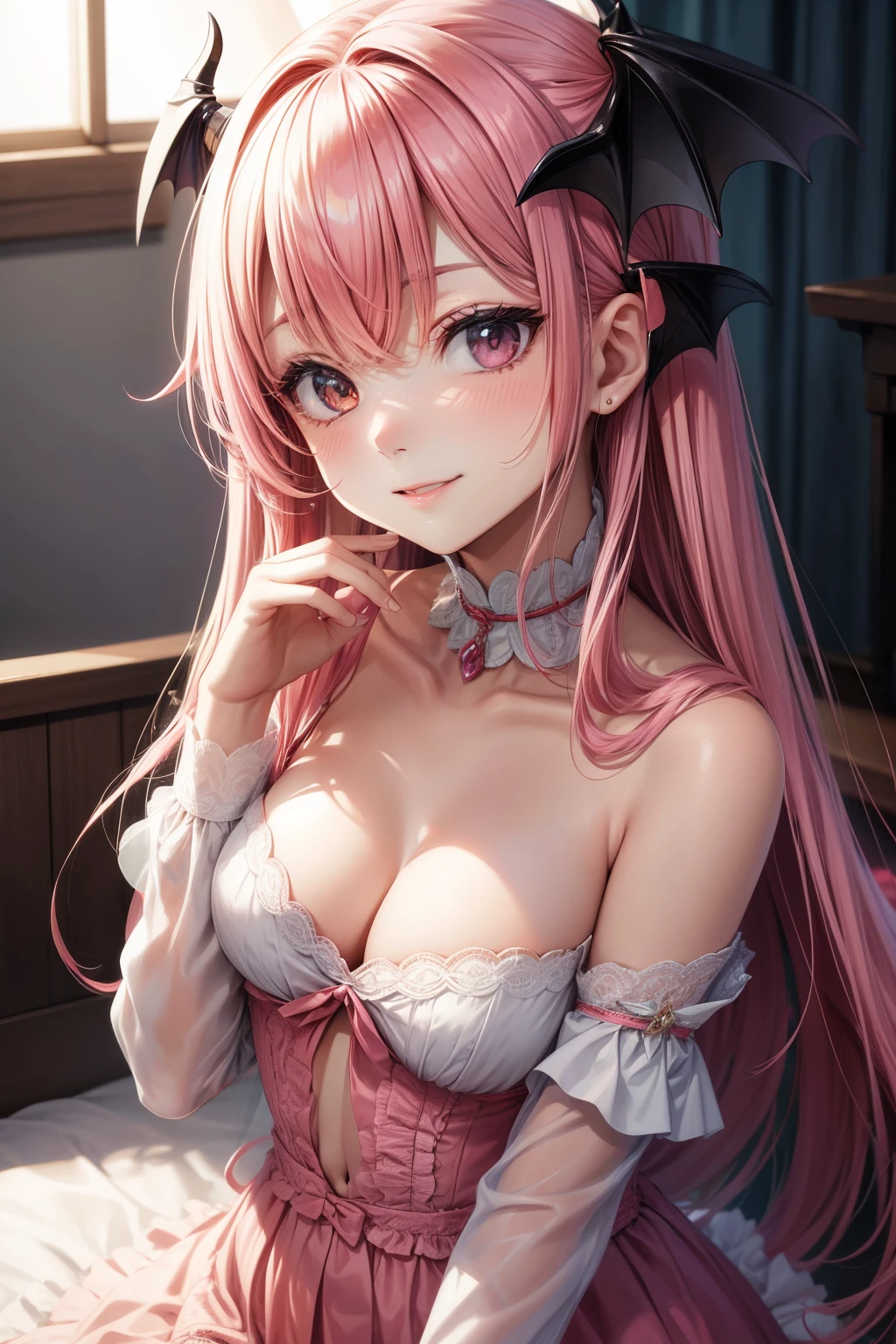 high resolution ,beautiful skin, detailed picture, pretty girl, small breasts, pink hair ,succubus, smile, ruffle dress middle ages,sexy pose, spicy, hot, sexy