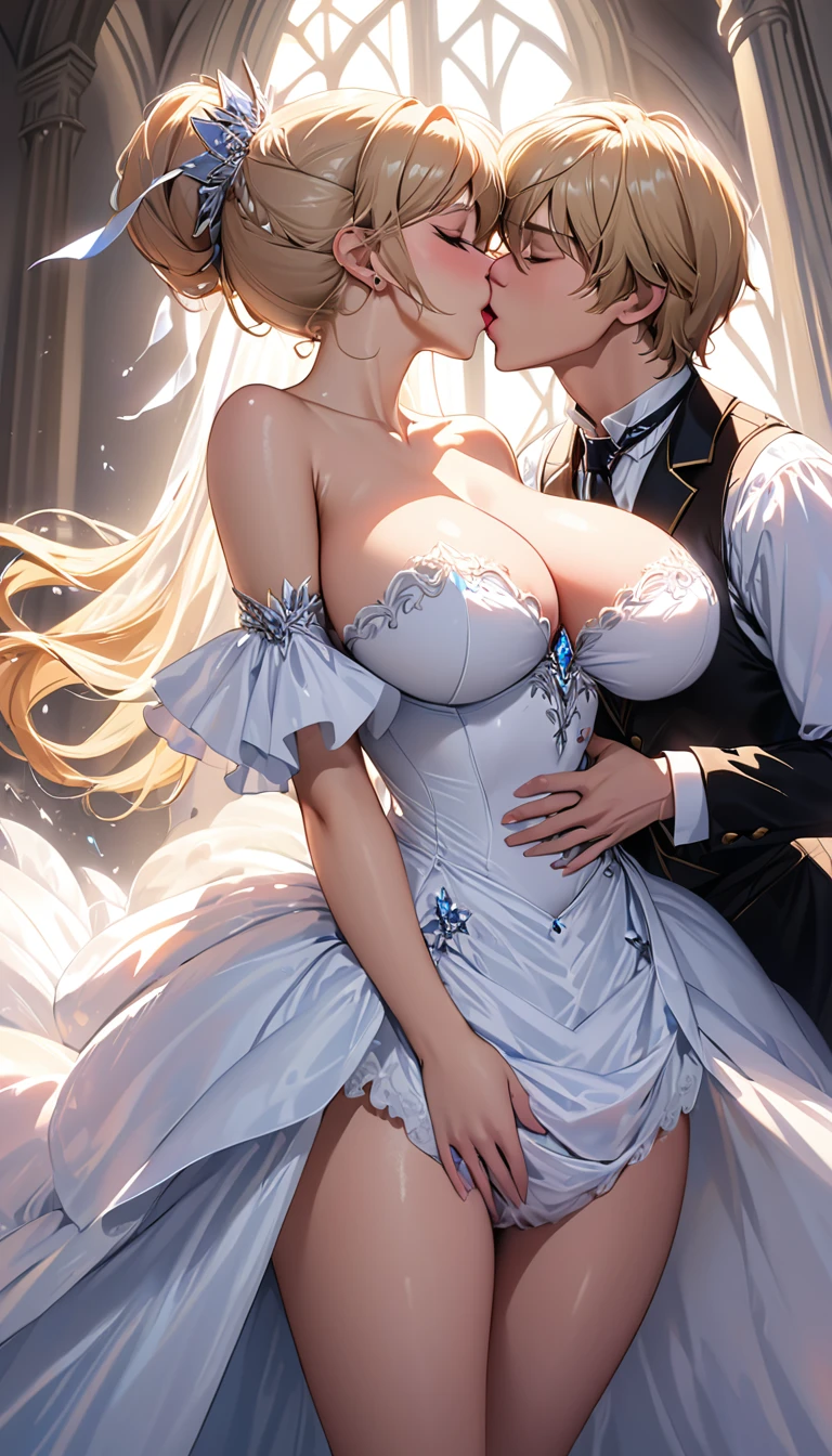 masterpiece:1.4,best-quality,Super Detail,Very Delicate and Beautiful, ((( nsfw, orgasm, vagina, kiss, princess ))), very gigantic breasts, slender, blonde hair, beautiful, black ball gown