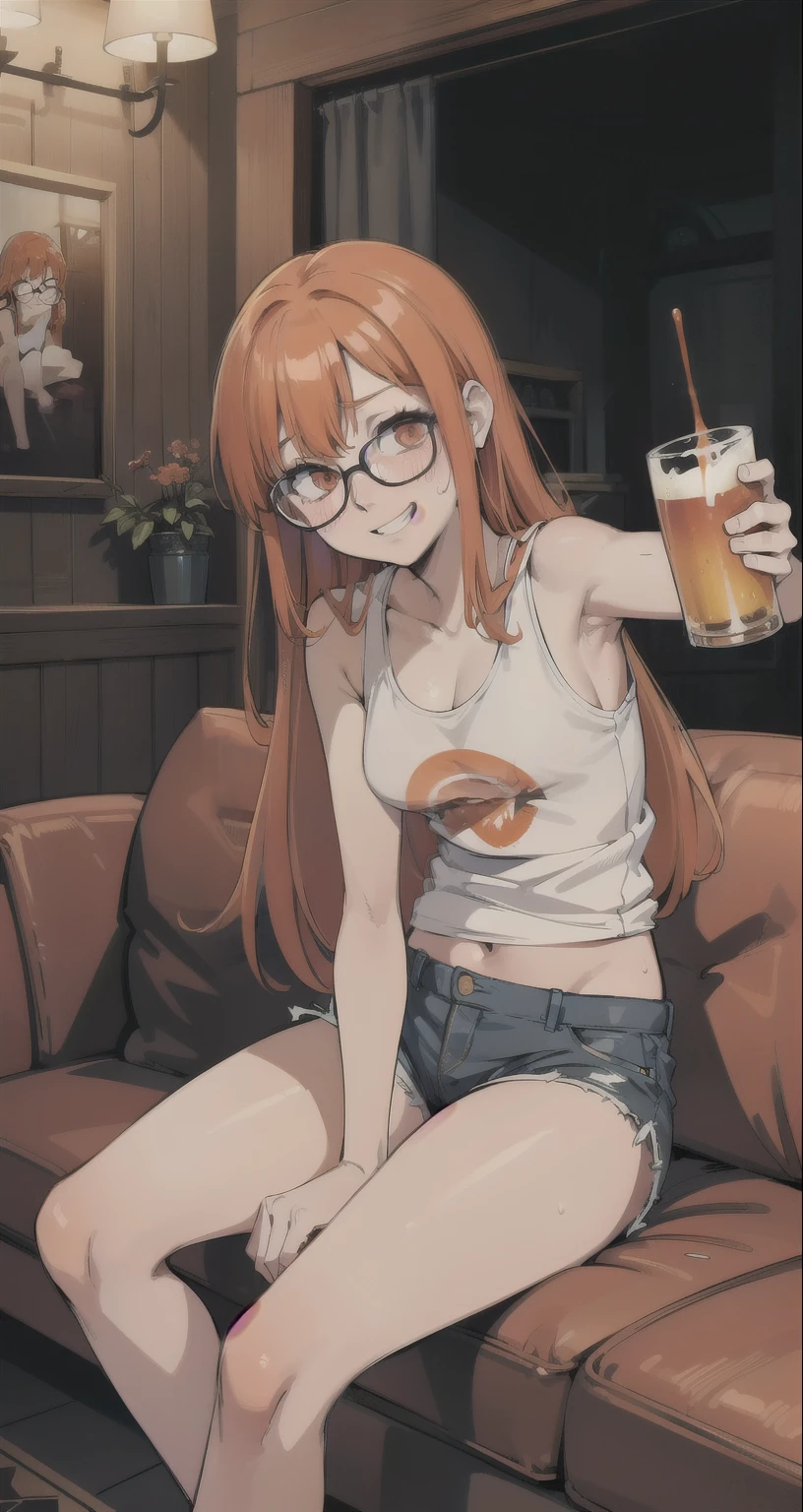 { masterpiece : Highest quality : High resolution : unity 8k wallpaper : figure } { background = Inside a spooky room } { Long Orange Hair : Glasses : Lolicon : Perfect Slender Body : Perfect small breast shape :  Drunk smile : cheers : beer in hand : Drunk look : blush : sweating : naked:Leg spread: Sitting on the couch }