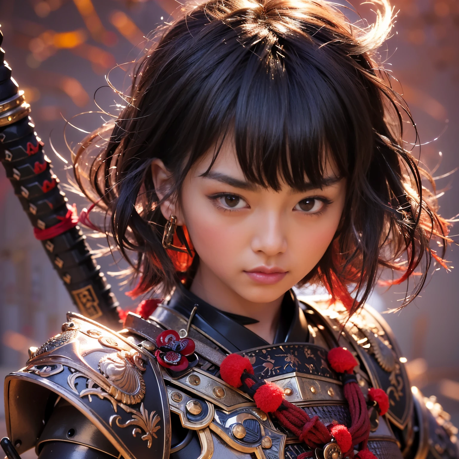 (best quality,highres,masterpiece:1.2),ultra-detailed,realistic,photorealistic:1.37,extremely cute girl, Japanese samurai,armored warrior,black hair,bowl cut,dynamic pose,traditional attire,heavy armor,sharp katana,fierce expression,vivid colors,strong shadows,studio lighting,fine details,authentic texture,Japan influence,serious gaze,warrior spirit,ornate armor,meticulous craftsmanship,noble stance,stoic face,martial arts expertise,ancient warrior,stoic demeanor,menacing presence,battle scene,vibrant red accents,dramatic composition,contrasting colors,graceful movement,majestic atmosphere,impressive background,glowing sunset,serene landscape.