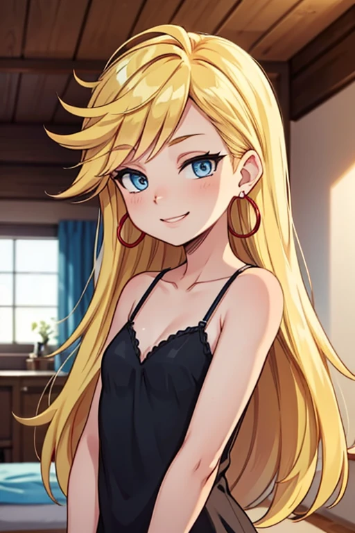 masterpiece, best quality, solo, 1 girl, psgpanty, black dress, blue eyes, long hair, blonde hair, hoop earrings, upper body, collarbone, little sleeveless black dress, parody, indoors, smile
