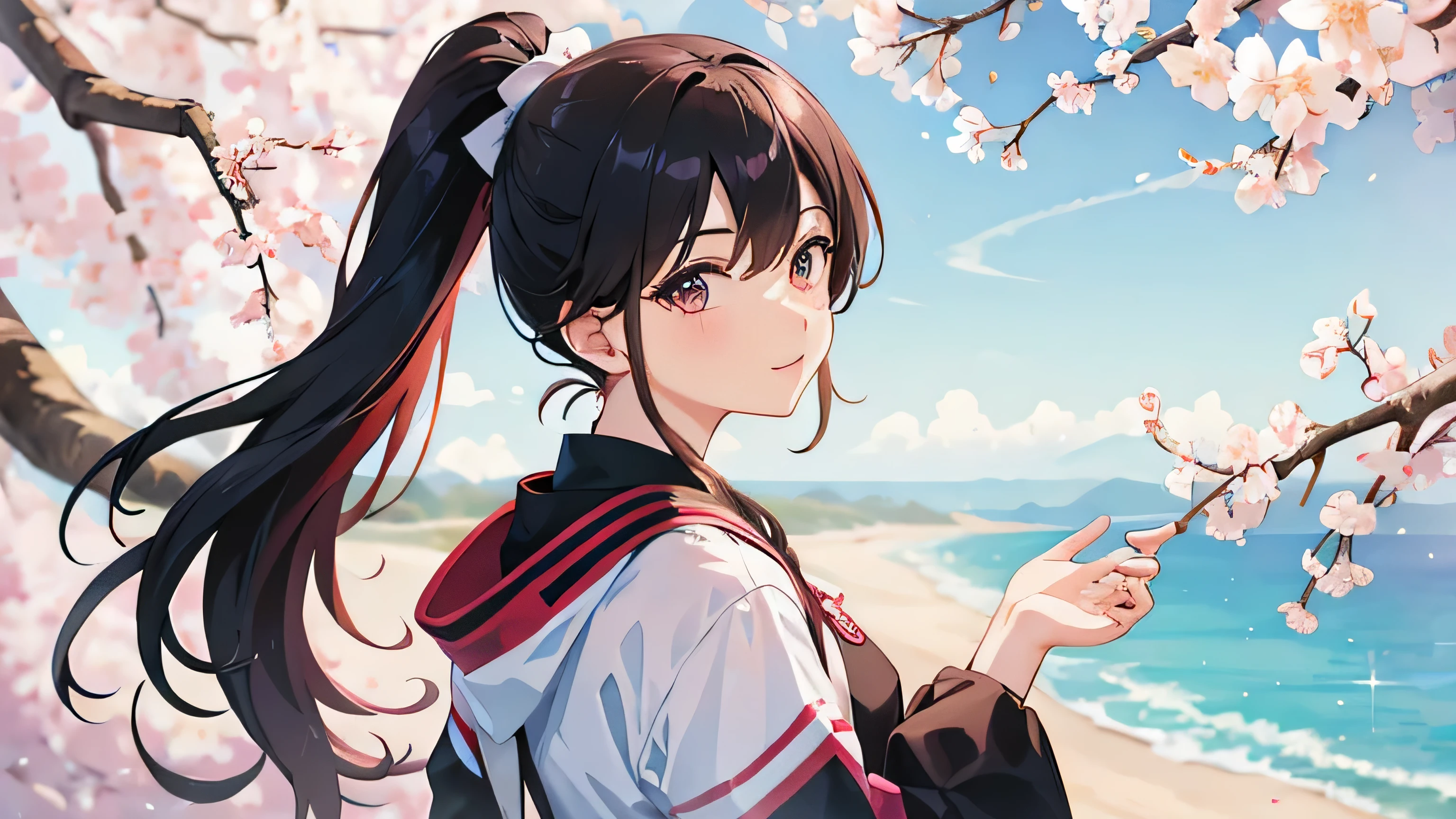 Ponytail woman viewing cherry blossoms