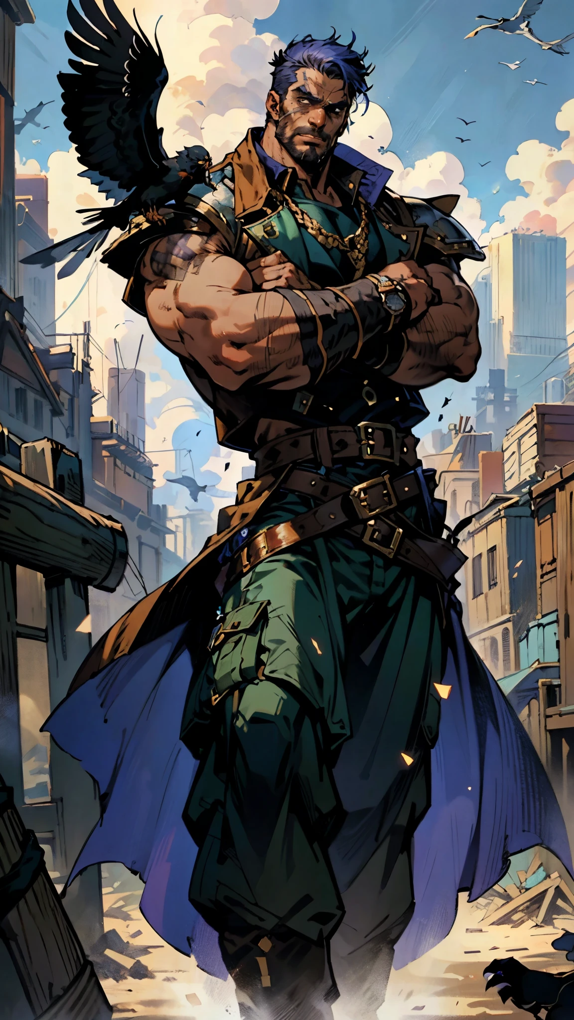 A man with medium-length fluffy lavender-blue hair parted in the middle, his upper face obscured by bandage eye patch, a square face, a wild expression, a sturdy physique, clad in a fantasy-style wild sleeveless coat with leather light armor, a gemstone belt cinches his waist, he wears wrist guards, cargo pants, one hand on his hip gripping the belt, the backdrop of a desolate island where countless black birds soar, this character embodies a finely crafted fantasy pirate-style overlord in anime style, exquisite and mature manga art style, high definition, best quality, highres, ultra-detailed, ultra-fine painting, extremely delicate, professional, perfect body proportions, golden ratio, anatomically correct, symmetrical face, extremely detailed eyes and face, high quality eyes, creativity, RAW photo, UHD, 32k, Natural light, cinematic lighting, masterpiece-anatomy-perfect, masterpiece:1.5