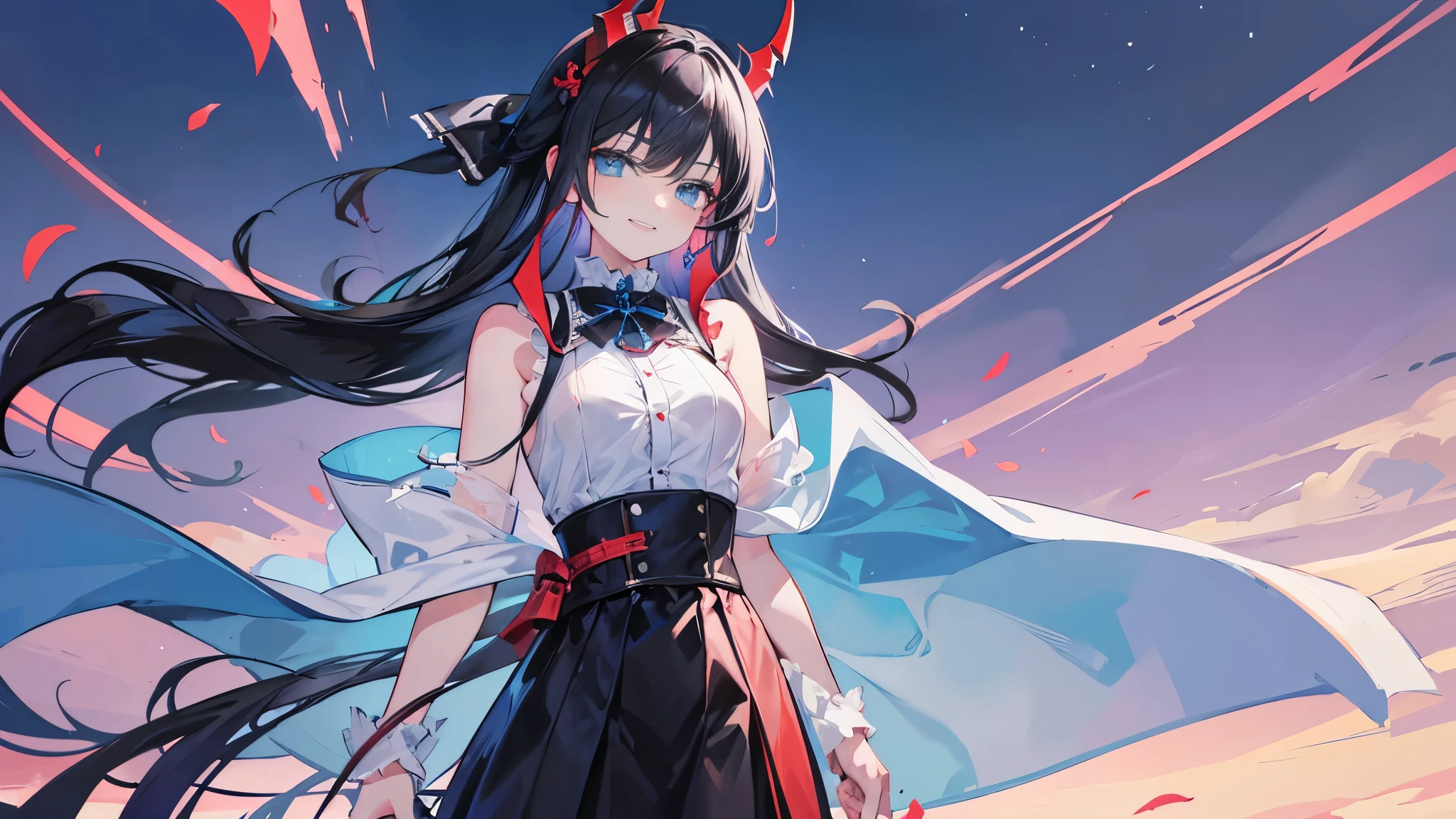 Demon King 4K Female with black hair, 17 years old, medium breasts. Light blue eyes, long hair, tied in a bow on the left..walked down from the sky with a beautiful expression. with a smiling face
