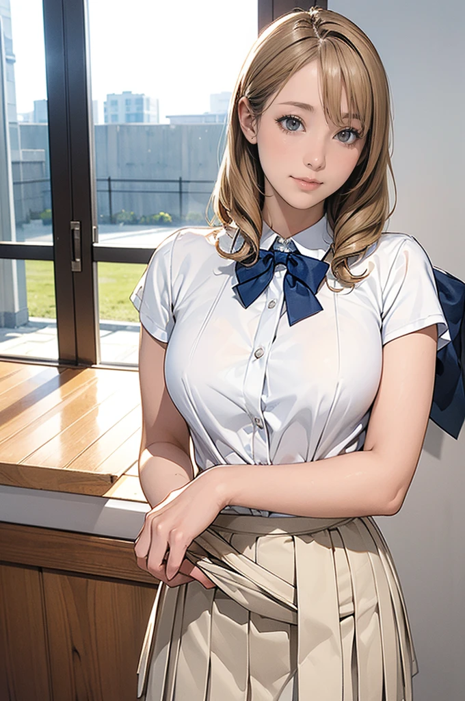 (masterpiece:1.2, highest quality), (realistic, photorealistic:1.4), beautiful illustrations, (natural side lighting, movie lighting), Depth of written boundary, Beautiful thighs looking at the viewer, (face focus, Upper body), Front view, 1 girl, English, high school girl, , perfect face, Cute symmetrical face, shiny skin, Random Uniform、
(random hairstyles、blonde), Big eyes, long eyelashes chest), thin, tall、
beautiful hair, beautiful face, fine and beautiful eyes, beautiful clavicle, beautiful body, beautiful breasts, beautiful thighs, beautiful feet, beautiful fingers, 
((fine fabric texture, pleated skirt, A bow tie)), 
(beautiful scenery), evening, (Inside the flower shop), Are standing, (smile, Upper grade, open mouth),  (((skirt lift, I can see your panties)))