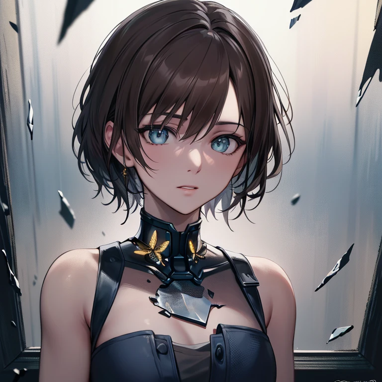8k portrait of beautiful cyborg with brown hair, intricate, elegant, highly detailed, majestic, digital photography, art by artgerm and ruan jia and greg rutkowski surreal painting gold butterfly filigree, broken glass, (masterpiece, sidelighting, finely detailed beautiful eyes: 1.2), hdr,