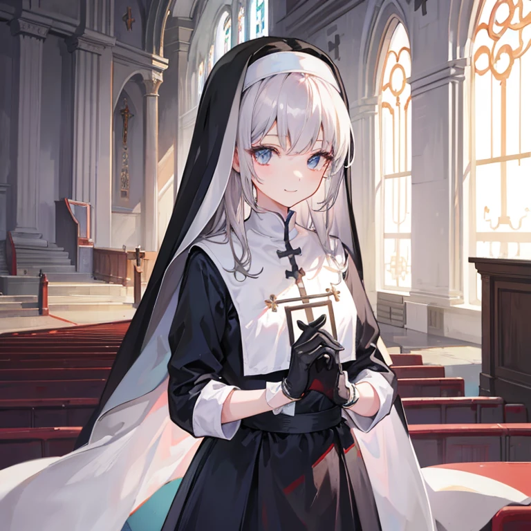 1 girl,alone,nun,chest,穿着nun服,in the church,smile,Gloves