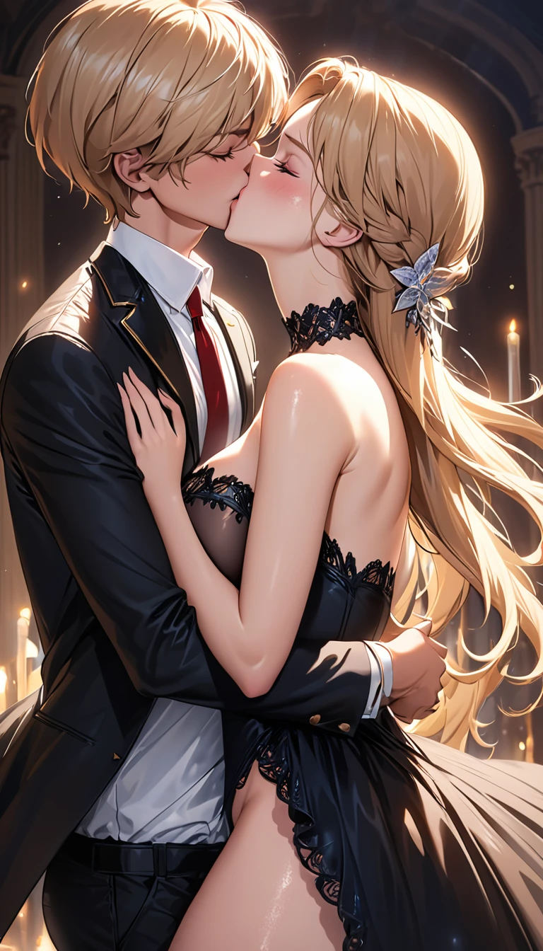 masterpiece:1.4,best-quality,Super Detail,Very Delicate and Beautiful, ((( nsfw, orgasm, vagina, kiss, princess ))), very gigantic breasts, slender, blonde hair, beautiful, black dress
