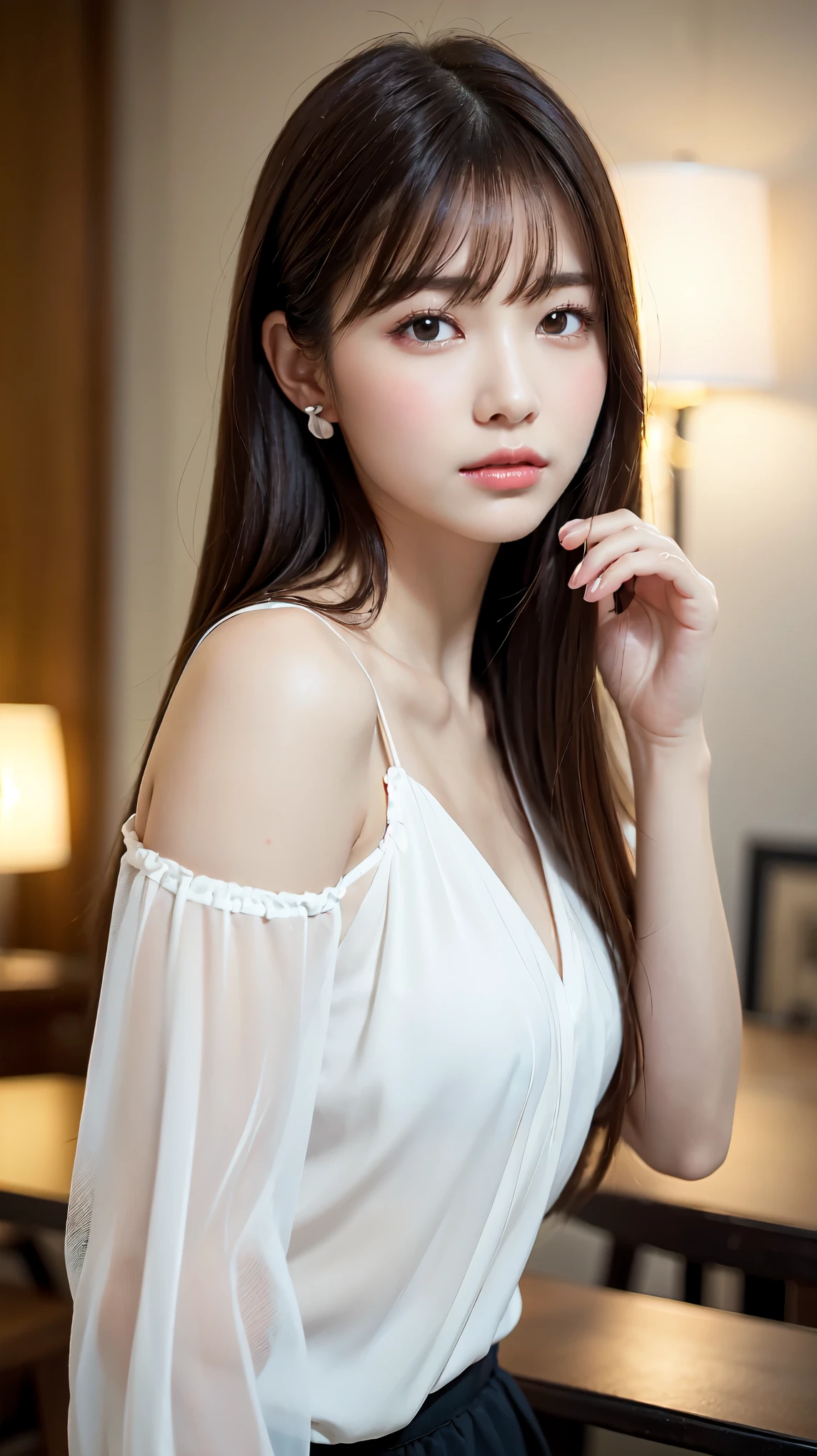 1 female, close up of face, Medium chest, light brown hair, dull bangs, hair behind the ear, shoulder hair, long hair, slender body shape, Extra-fine face, thin face, delicate lips, beautiful eyes, light blush, eyes are light brown, perfect shiny skin, perfect skin, Shining sweat,take a look here, ultra thin hands, extra thin fingers, Optimal ratio of 4 fingers and 1 thumb, (realistic:1.3), finger extension, see-through white blouse. broad-leaved forest, one person'point of view, fujifilm, f/1.2, 8K, table top, nffsw, Super detailed, high quality, 最high quality, High resolution,